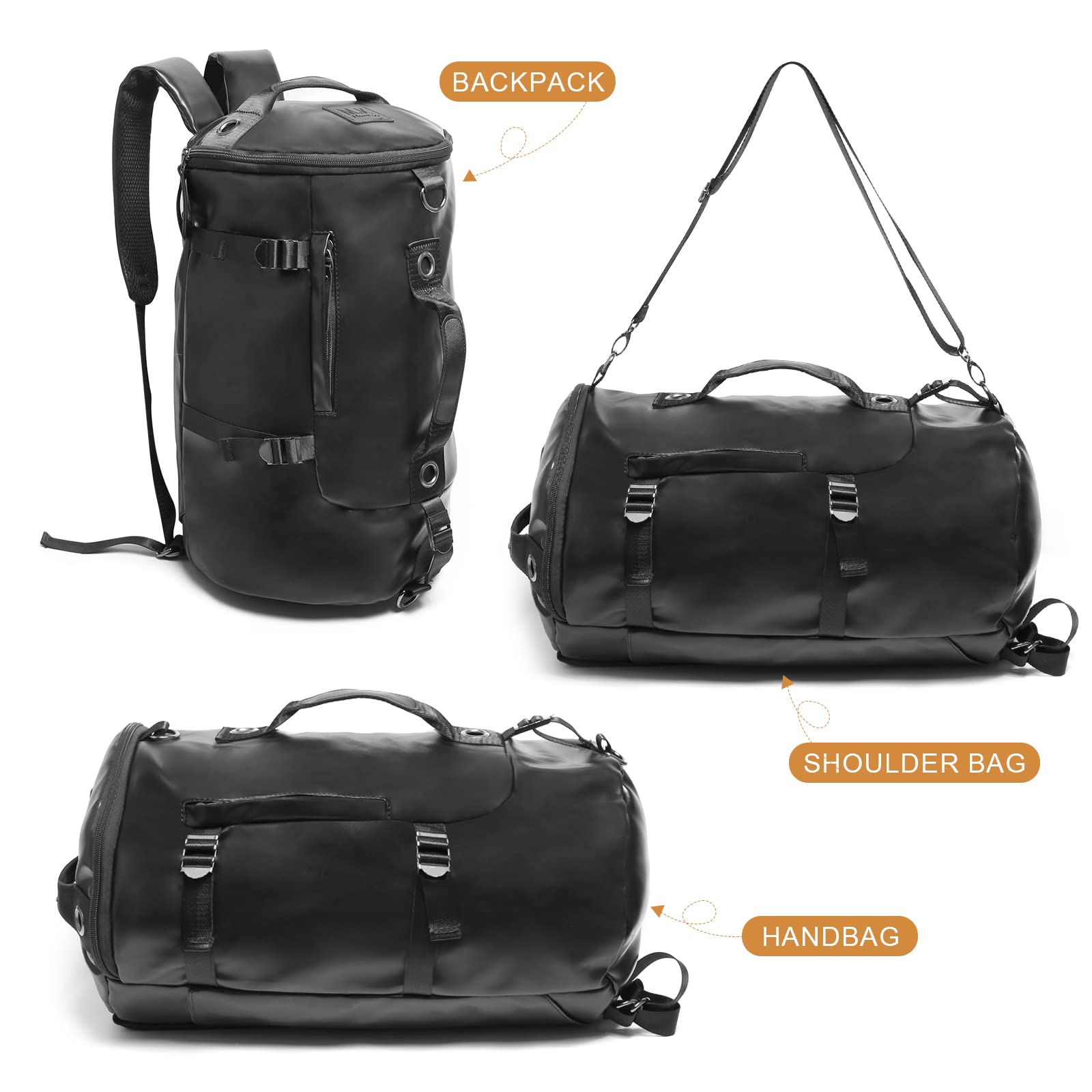 Premium Leather Travel Duffel Bag for Men - Waterproof Black Laptop Backpack with 3-Way Carry (Handbag/Shoulder Bag/Backpack) - Ideal for Business Trips, Airplane Carry-On & Daily Commute