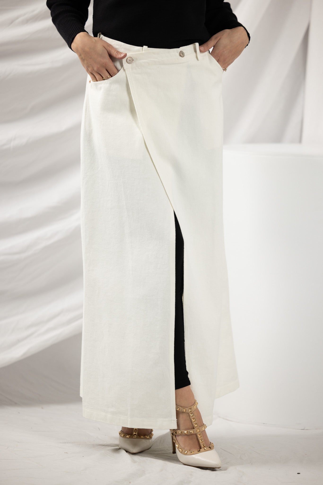 Stylish Women's Crescent Denim Button Wrap Skirt - High Waisted A-Line Vintage Denim Skirt for Casual Outfits & Summer Fashion | Perfect for Date Nights, Beach Vacations and Weekend Brunch