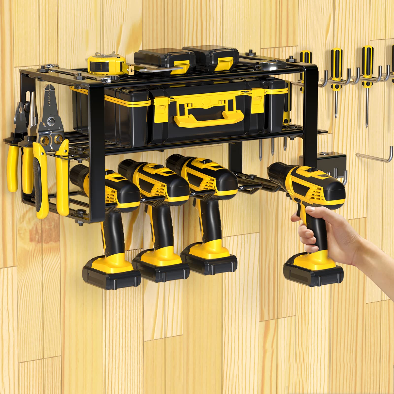 CIOYQOGOG Heavy Duty Power Tool Organizer Wall Mount - 4 Drill Holders & Accessory Hooks for Garage Workshop Storage | Space Saving Metal Rack | Easy Assembly Black (1 Pack) - Perfect for Garage, Workshop & DIY Tool Organization