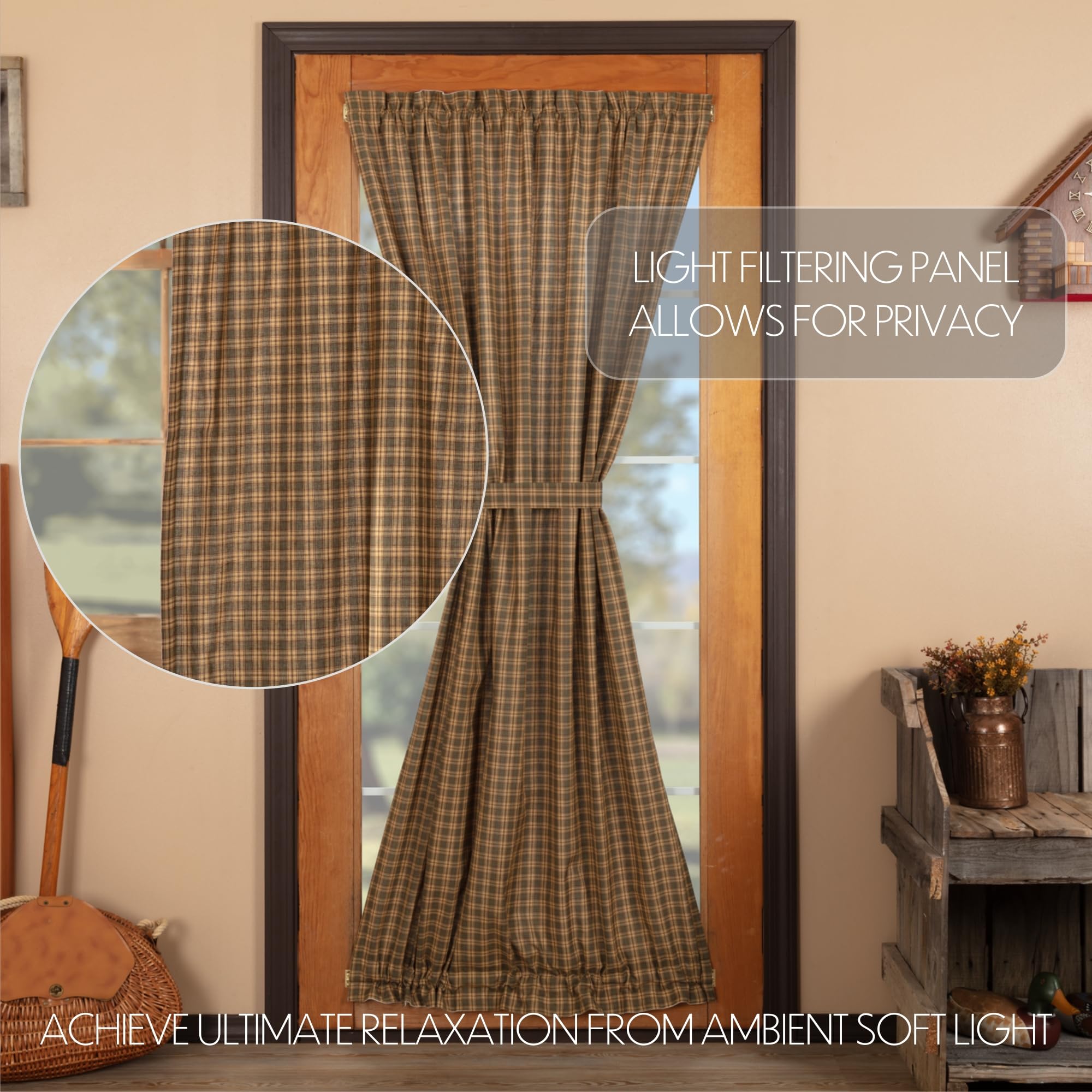 Rustic Cedar Green Plaid Cotton Curtains with Rod Pocket & Tie Backs - Farmhouse Style Window Treatments for Living Room, Bedroom & Door Panels
