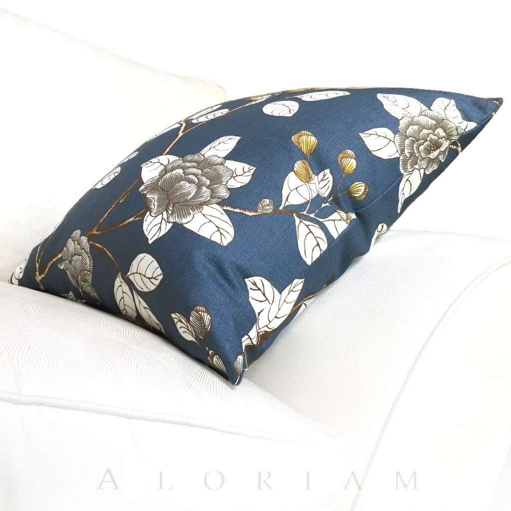 Dwell Studio Robert Allen Leda Peony Navy Blue White Yellow Pillow Cover - Decorative Throw Pillow Case for Sofa, Bed, Couch & Home Decor