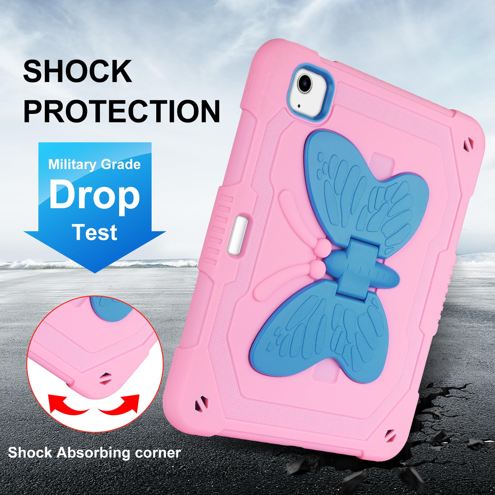 iPad Air 5th/4th Gen & iPad Pro 11 Inch Case with Screen Protector - Cute Butterfly Stand Hard Cover with Pencil Holder & Strap for Kids (Pink/Blue) - Perfect for School, Travel & Home Use
