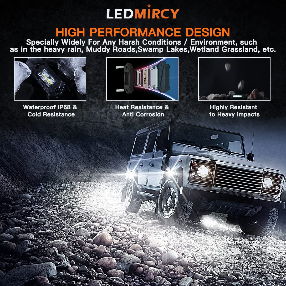 LEDMIRCY R3 Pure White LED Rock Lights Kit - 16PCS High Power Underbody Lighting with Rocker Switch & Wire Harness | Waterproof & Shockproof for Offroad Trucks, ATV, UTV, SUV | Perfect for Night Trail Rides, Car Shows & Offroad Adventures