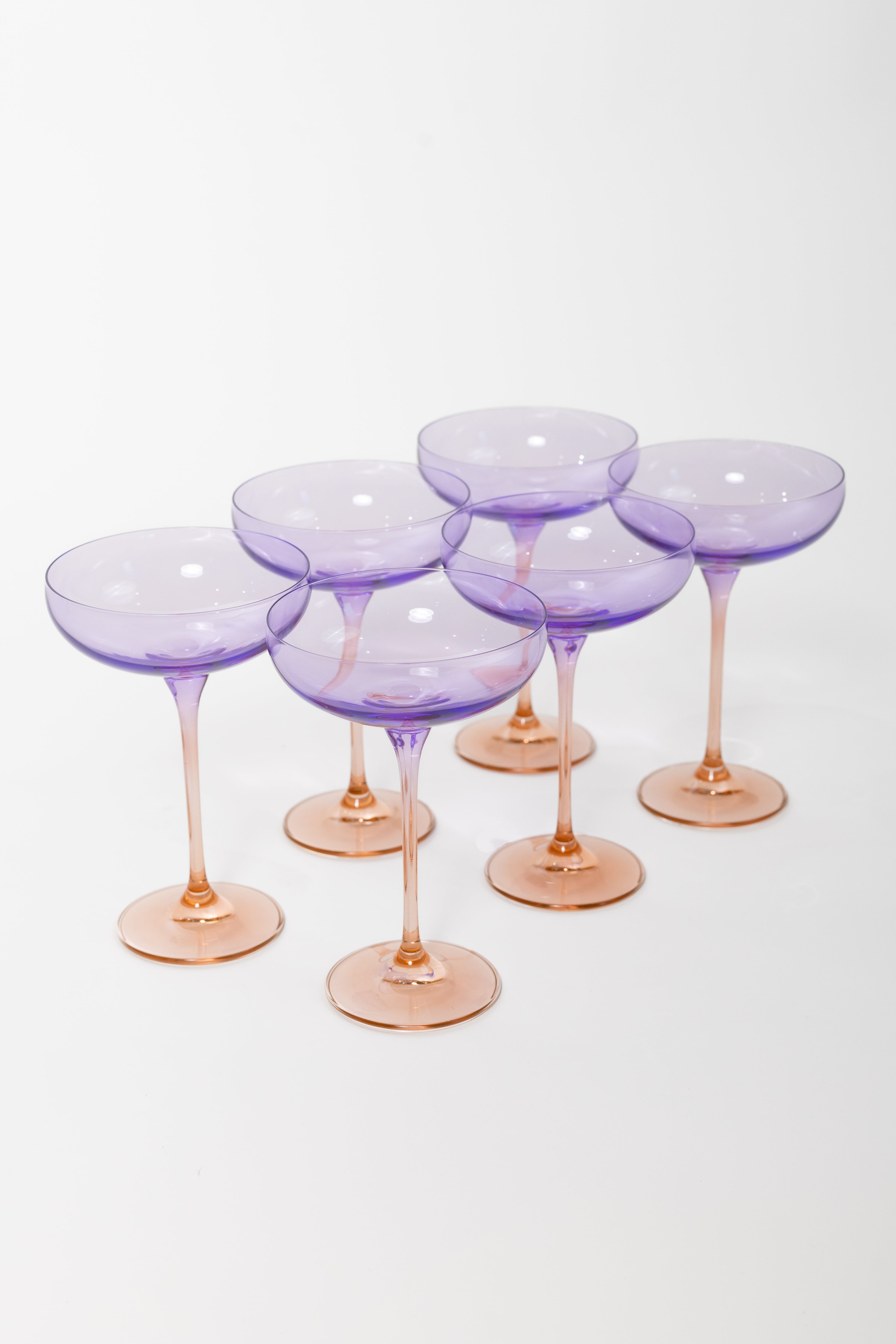 Estelle Colored Champagne Coupe Glasses Set of 6 - Elegant Lavender & Blush Pink Colorblock Design for Wedding, Bridal Shower & Party Celebrations