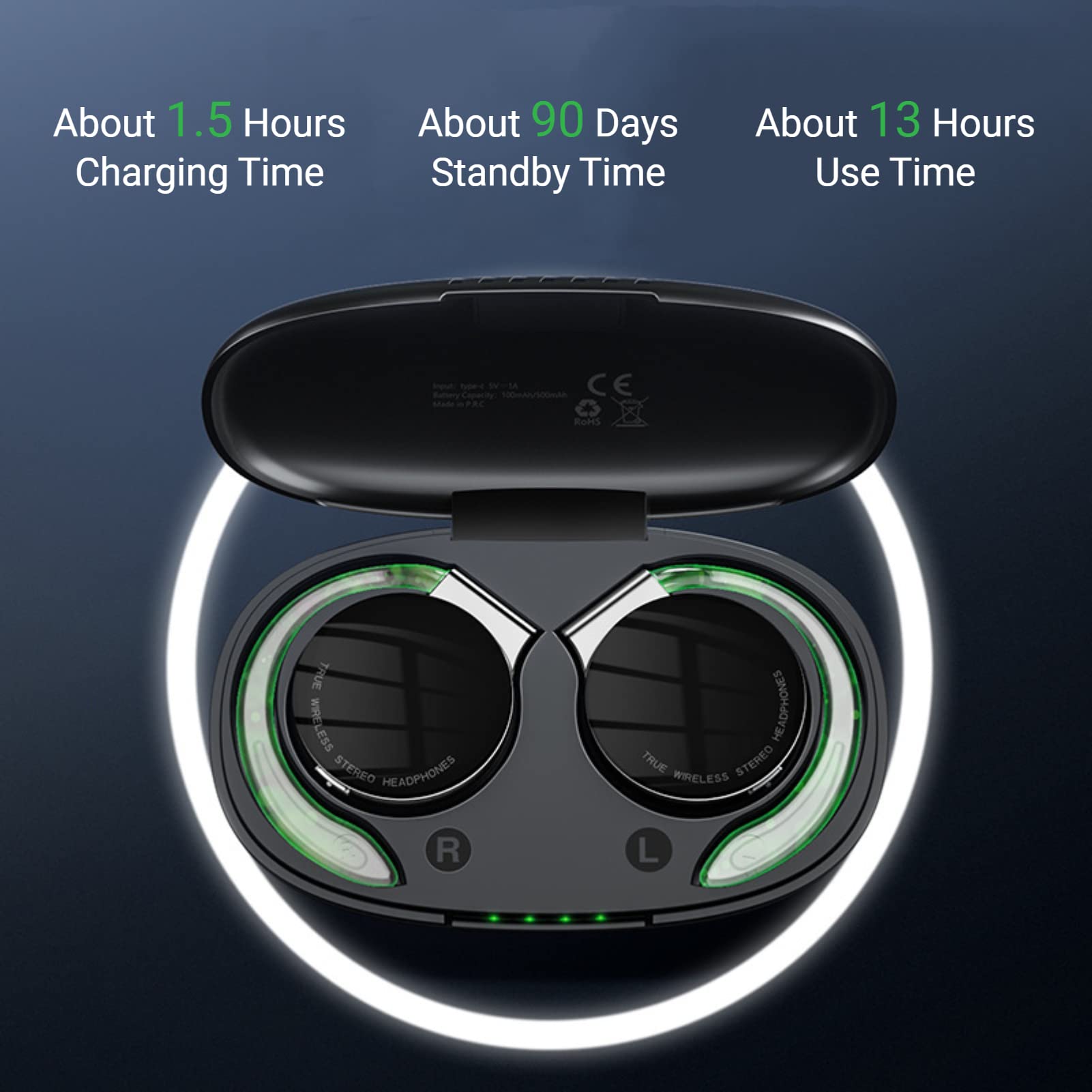 Jectse Clip-On Bluetooth Headphones - Wireless Earphones with Charging Case & Cable, Secure Fit for Running, Gym & Outdoor Activities (Black)