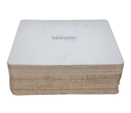 Bakerelation 8 Inch Square Cake Base - 5-Piece Corrugated Cardboard Cake Stands for Baking & Decorating - Silver Finish for Birthday, Wedding & Party Dessert Displays