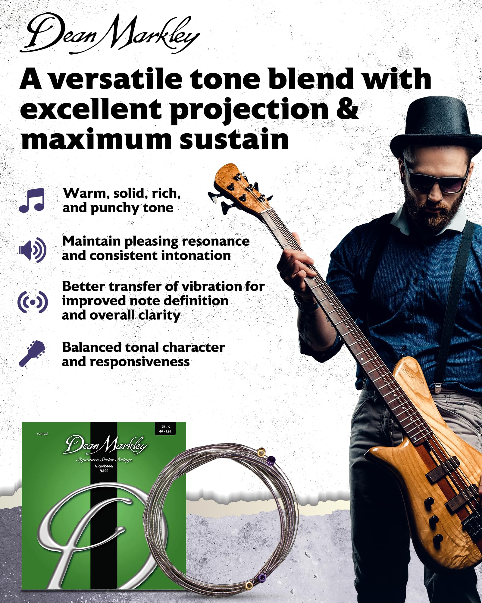 NickelSteel Signature 5-String Bass Guitar Strings Set | Roundwound Electric Bass Strings Extra Light (40-128 Gauge) | Long-Lasting Tone for Rock & Metal | Made in USA | Perfect for Live Performances & Studio Recording