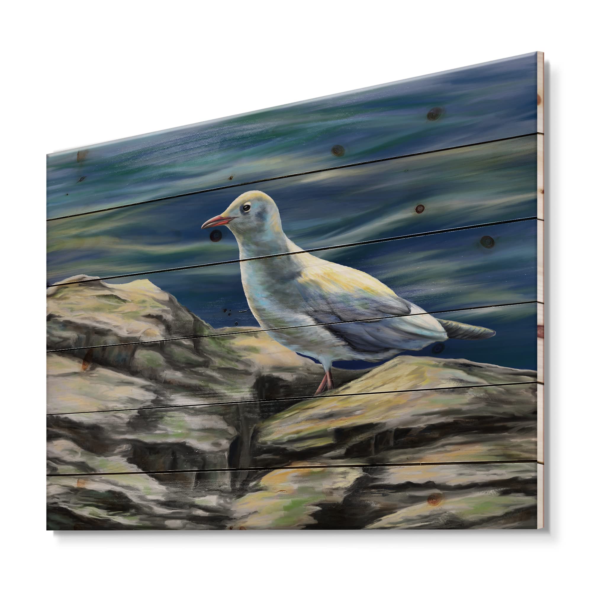 Seagull Birds By The Sea - Coastal Wood Wall Art Decor, Blue Nautical Animal Wall Panels Printed on Natural Pine Wood - Perfect for Beach House, Living Room & Coastal Home Decor