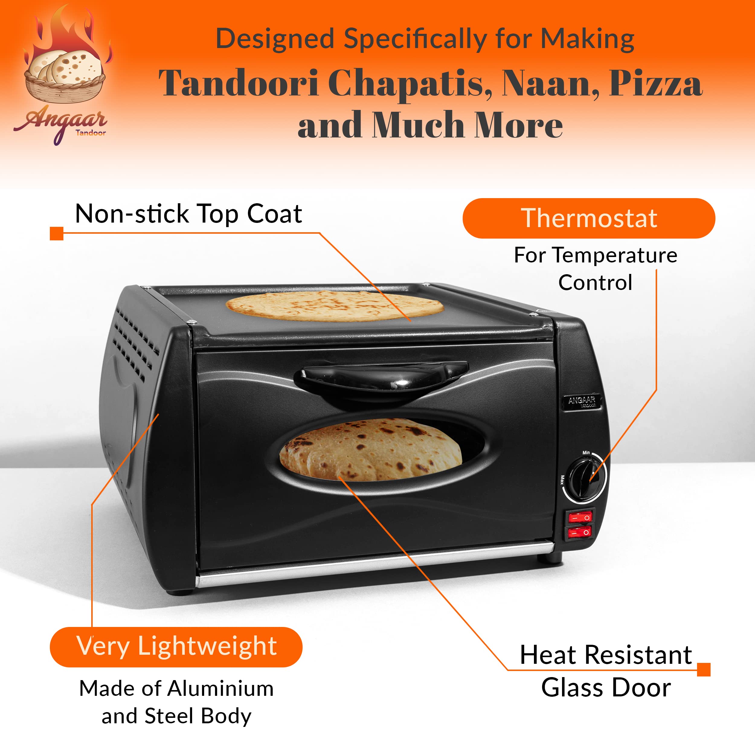Mini Tandoor Oven - Electric Angaar Tandoor & 4-Minute Pizza Maker | Portable Tabletop Oven for Tandoori Roti, Naan, Kebabs & More | Perfect for Home Kitchens, Outdoor Cooking & Indian Cuisine Lovers