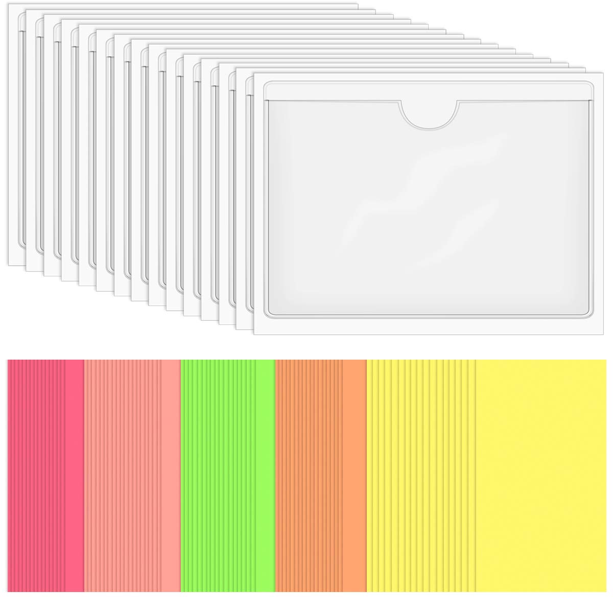 40 Pack Clear Plastic Self-Adhesive Index Card Holders with Top Open - 3.8 x 5.3 Inch Library Card Pockets Label Holders + 50 Colorful Index Cards - Perfect for Classroom Organization, Library Cataloging & Office Filing Systems