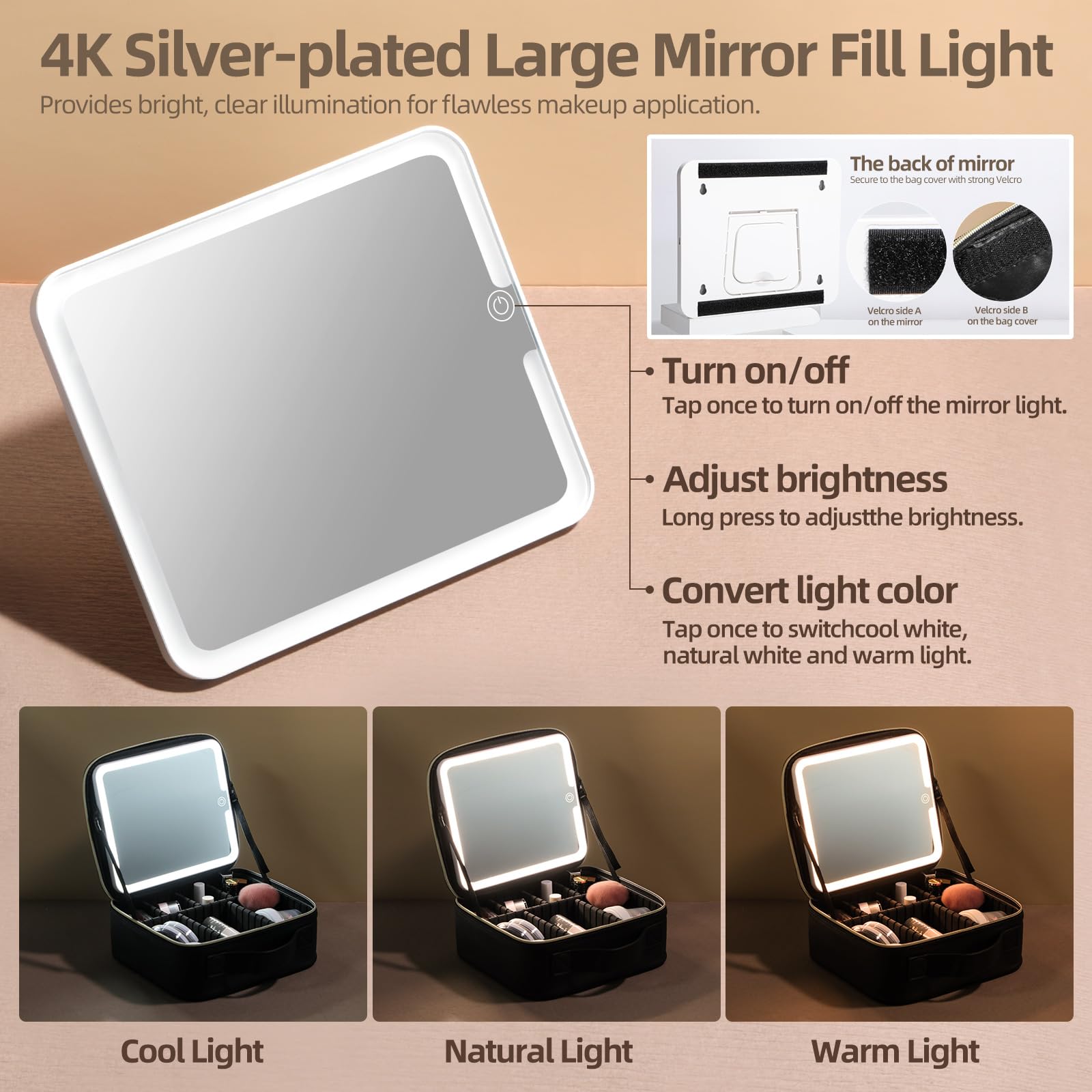 BS-MALL Professional Makeup Brush Holder Case with LED Mirror - Portable Cosmetic Organizer Bag for Travel & Home Use - Perfect for Makeup Artists & Beauty Enthusiasts