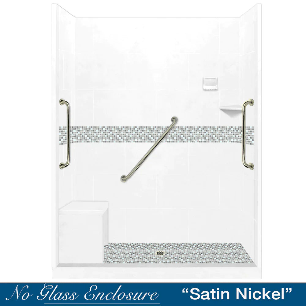 60 Alcove Natural Buff Sistine Stone & Del Mar Mosaic Accent DIY Shower Remodel Kit with Free Shampoo Niche - Bathroom Renovation Tile Set for Shower Walls and Backsplash