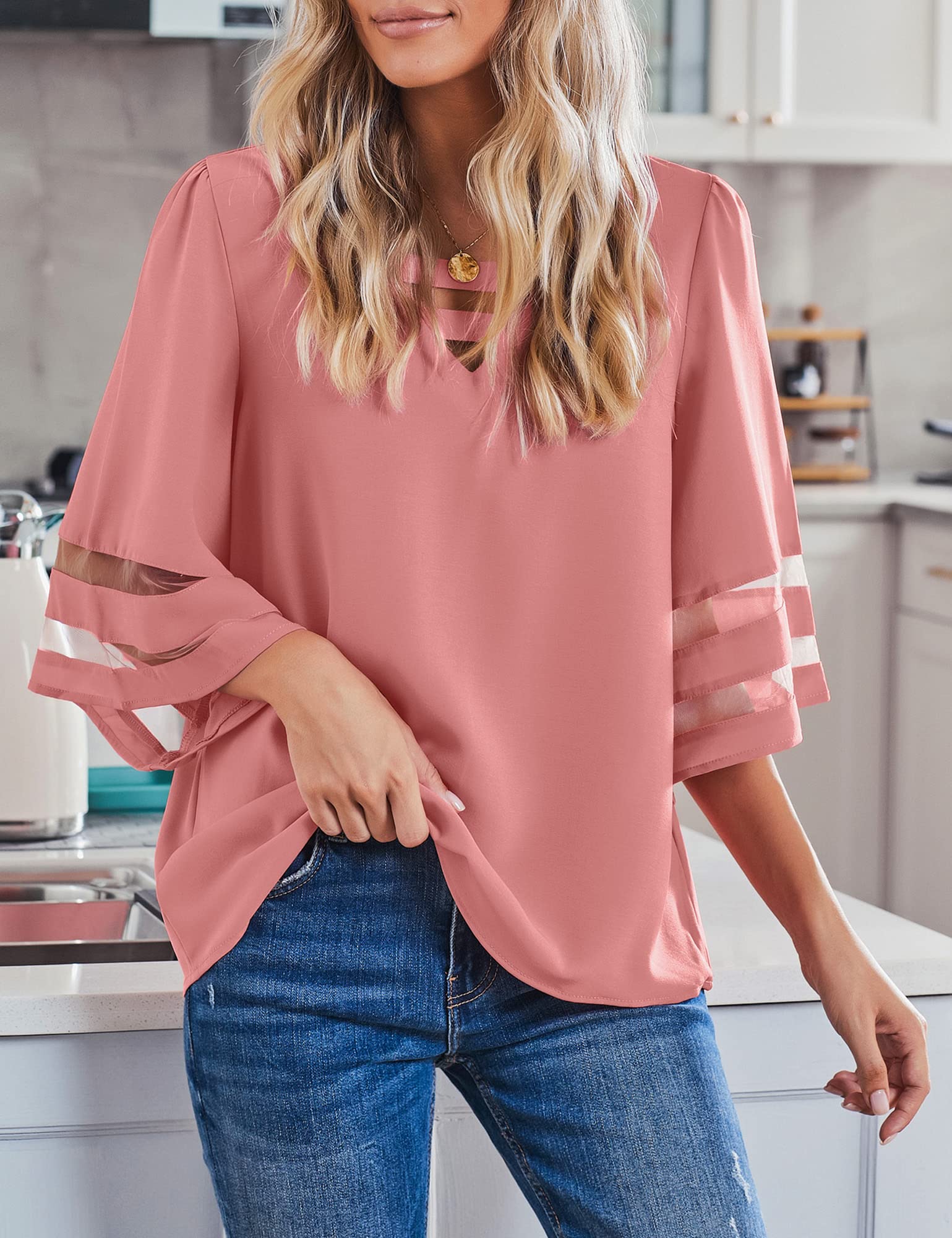 LookbookStore Women's Trendy 2024 V-Neck Mesh Panel Blouse with 3/4 Bell Sleeves - Casual & Dressy Tops for Work, Date Night & Spring Outfits
