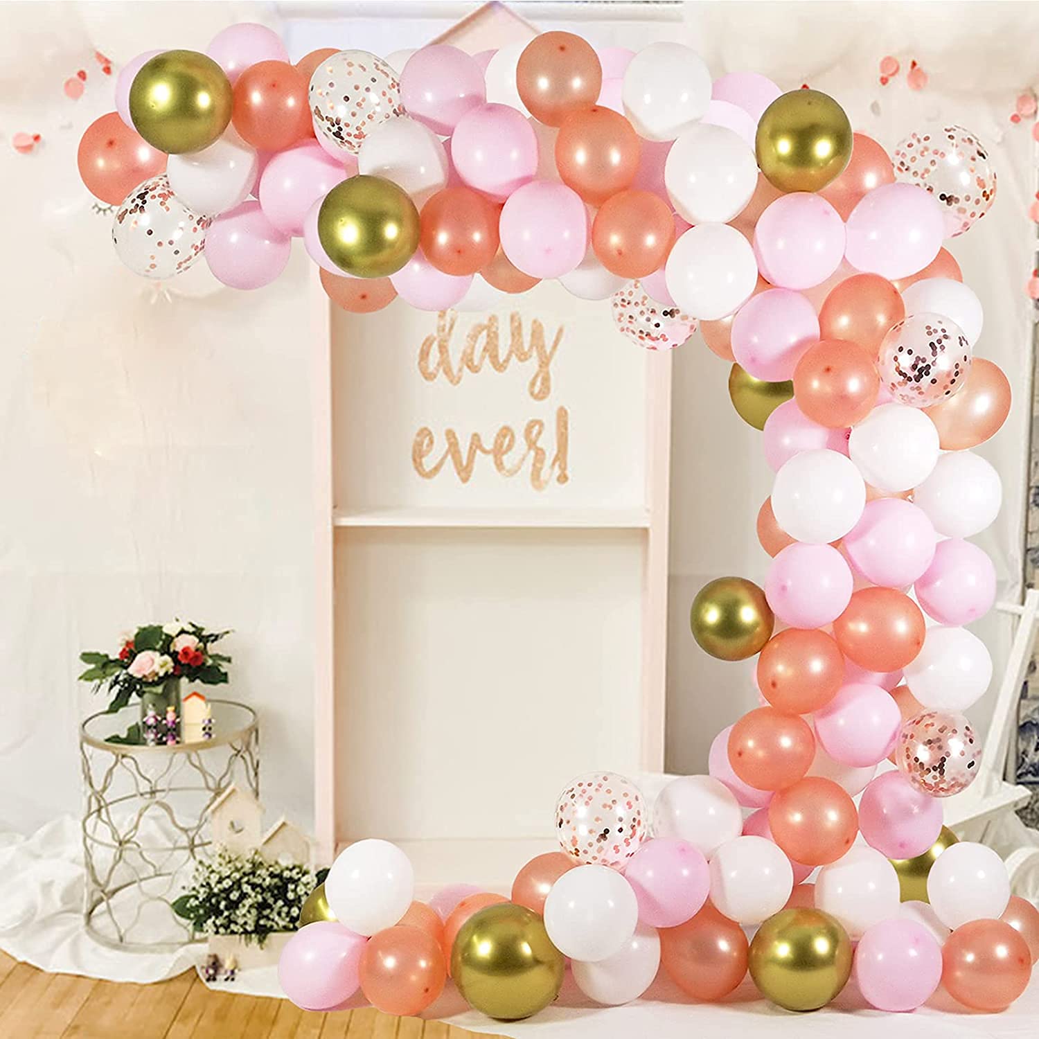 Rose Gold Balloon Garland Arch Kit - 147 Pieces Rose Gold, Pink, White & Gold Confetti Balloons for Baby Showers, Weddings, Birthdays, Graduations | Party Backdrop Decor for Bachelorette, Anniversary & Special Events