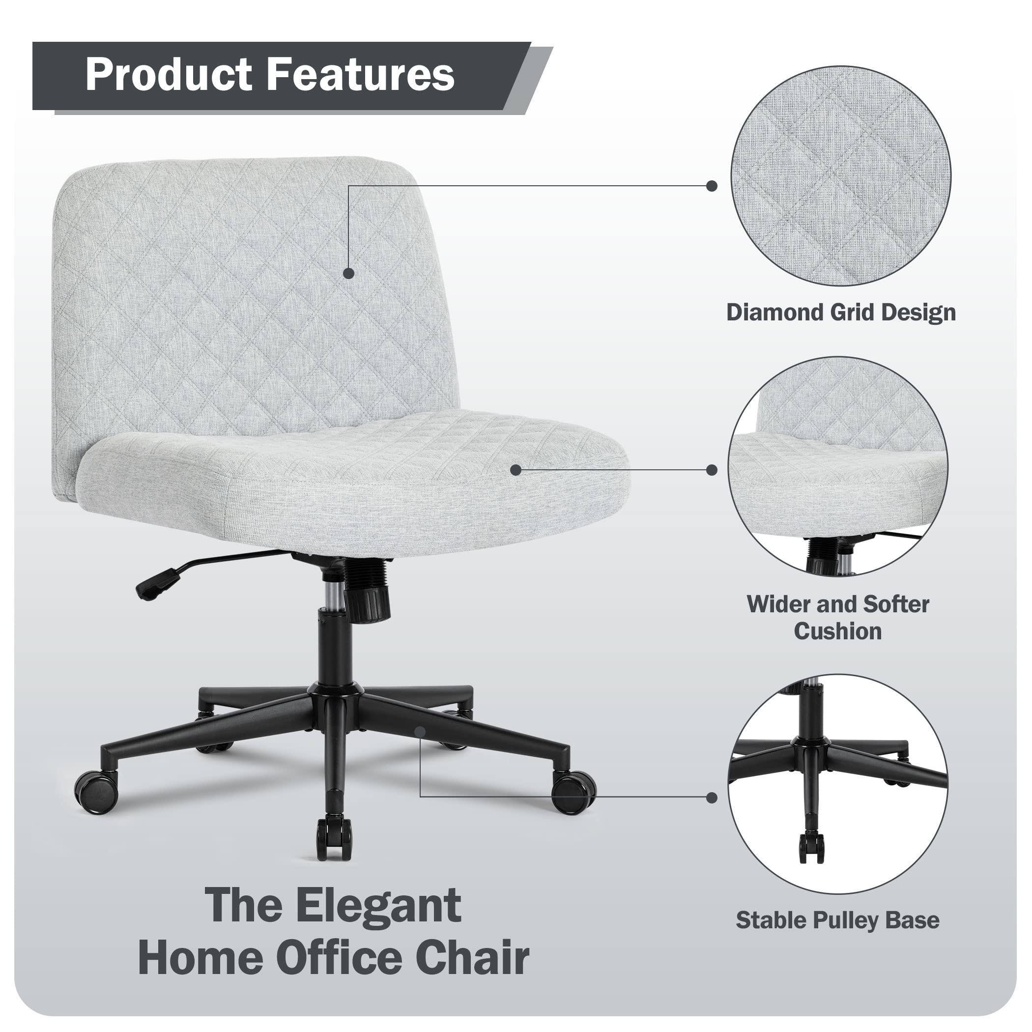 Ergonomic Armless Fabric Office Chair with Wheels - 120° Rocking Swivel Computer Desk Chair, Thick Padded Seat Modern Task Chair for Home Office, Study & Vanity Use