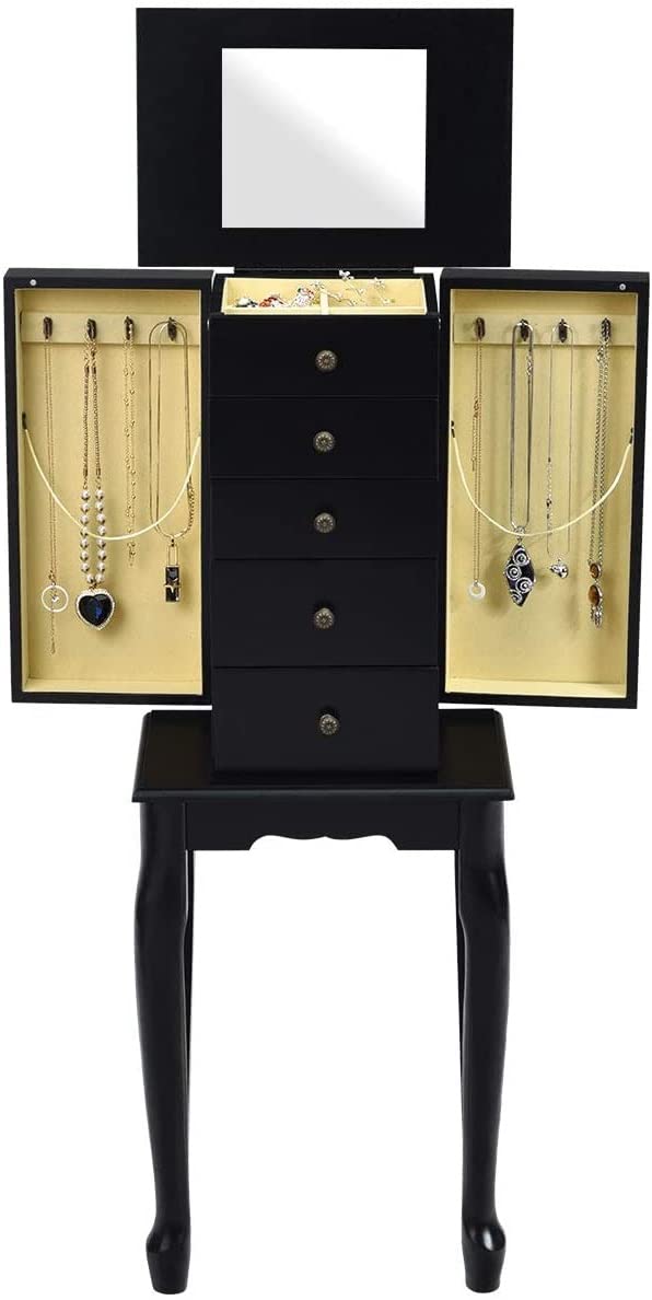 **LUARANE Jewelry Cabinet Armoire - 4 Drawers, 8 Necklace Hooks & Flip Top Mirror - Free Standing Jewelry Storage Organizer with 2 Side Swing Doors - Black - Perfect for Bedroom, Closet, or Dressing Room Organization**