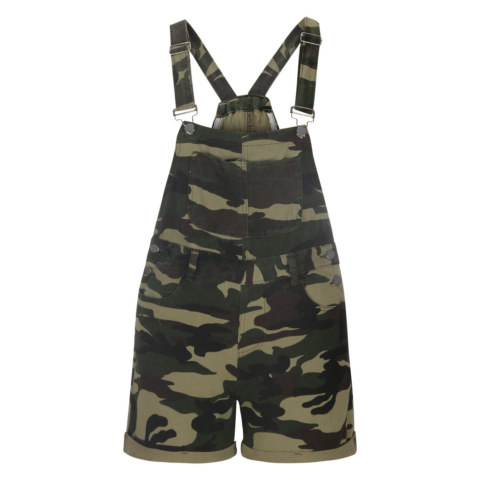 Women's Camo Denim Short Overalls - Adjustable Straps Classic Jean Jumpsuit | Casual Camouflage Romper for Outdoor Adventures, Music Festivals & Streetwear Fashion