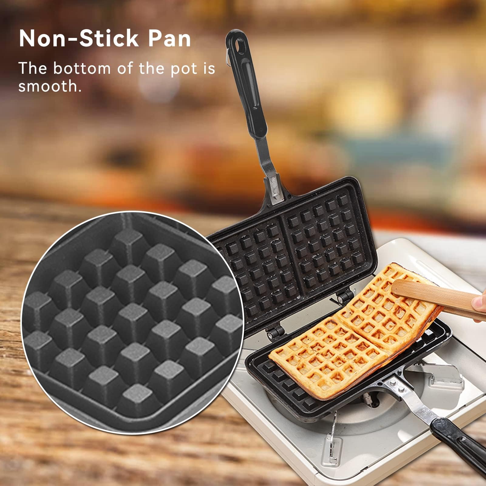 Cast Iron Stovetop Waffle Maker - Dual Head Non-Stick Belgian Waffle Iron for Pancakes, Panini & Sandwiches - Perfect for Breakfast, Camping & RV Cooking (13.19 x 8.46 Inches)