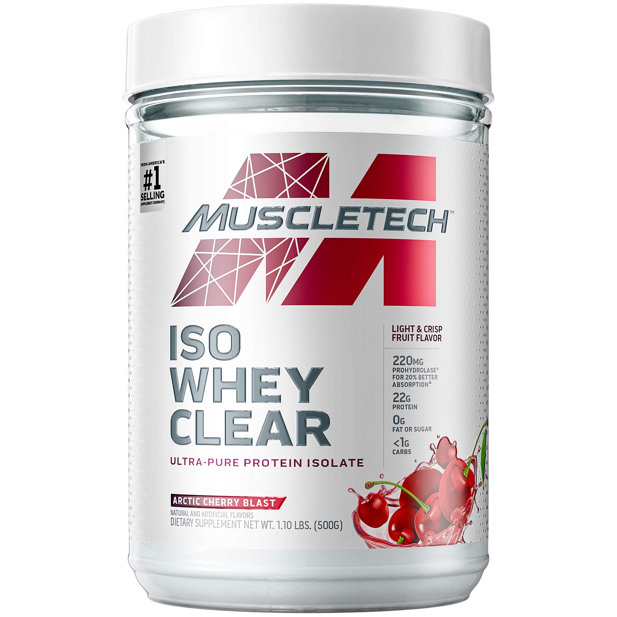 MuscleTech Clear Whey Protein Isolate Powder - 22g Protein, 90 Calories - Arctic Cherry Blast Flavor - 1.1lb (19 Servings) - Ideal for Post-Workout Recovery, Weight Management & Healthy Lifestyle - Whey Protein Supplement for Men & Women