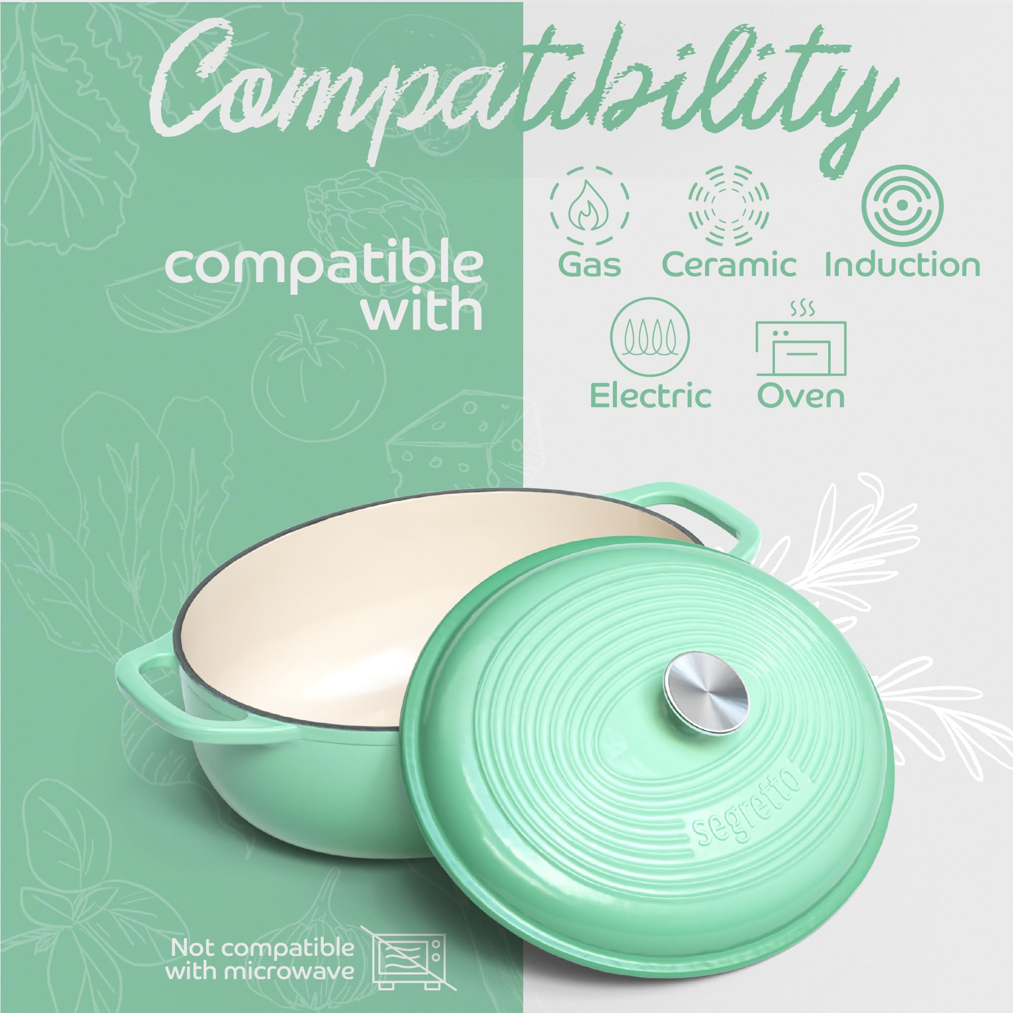 7-Quart Enameled Cast Iron Dutch Oven with Lid - Light Green Oval Pot for Bread Baking, Soups, Stews & Braising - Perfect for Oven, Stovetop & Camping Cooking