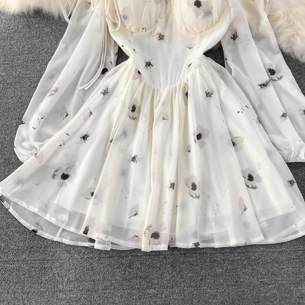 Korean Style Square Neck Long Sleeve Floral A-Line Princess Puffy Dress for Women - Elegant Party, Wedding Guest, or Special Occasion Outfit