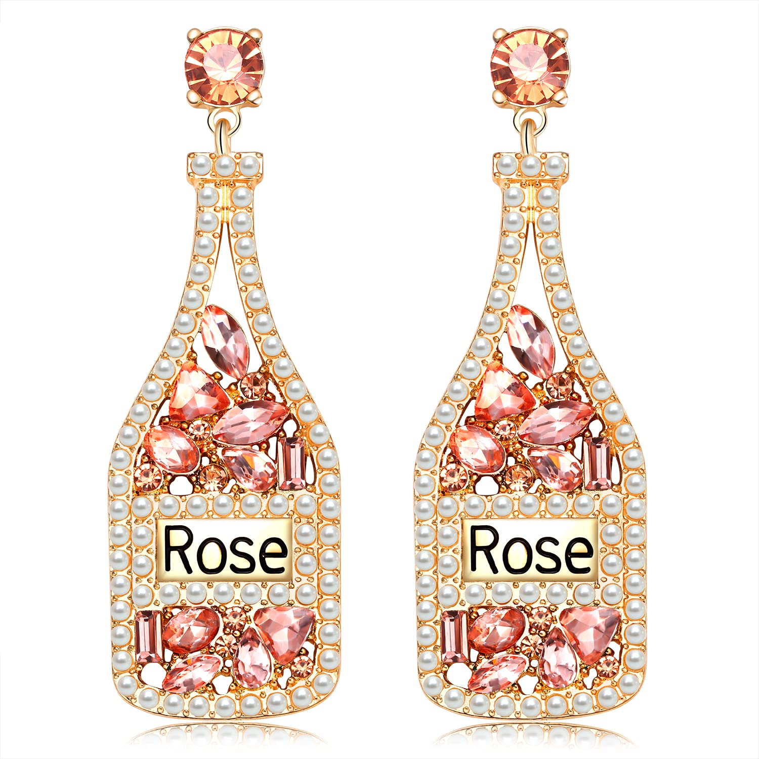 Sparkling Rhinestone Crystal Pearl Beaded Champagne Bottle Drop Dangle Earrings for Women - Elegant Holiday Party Jewelry Gift for Christmas, New Year, Bachelorette & Bridal Showers