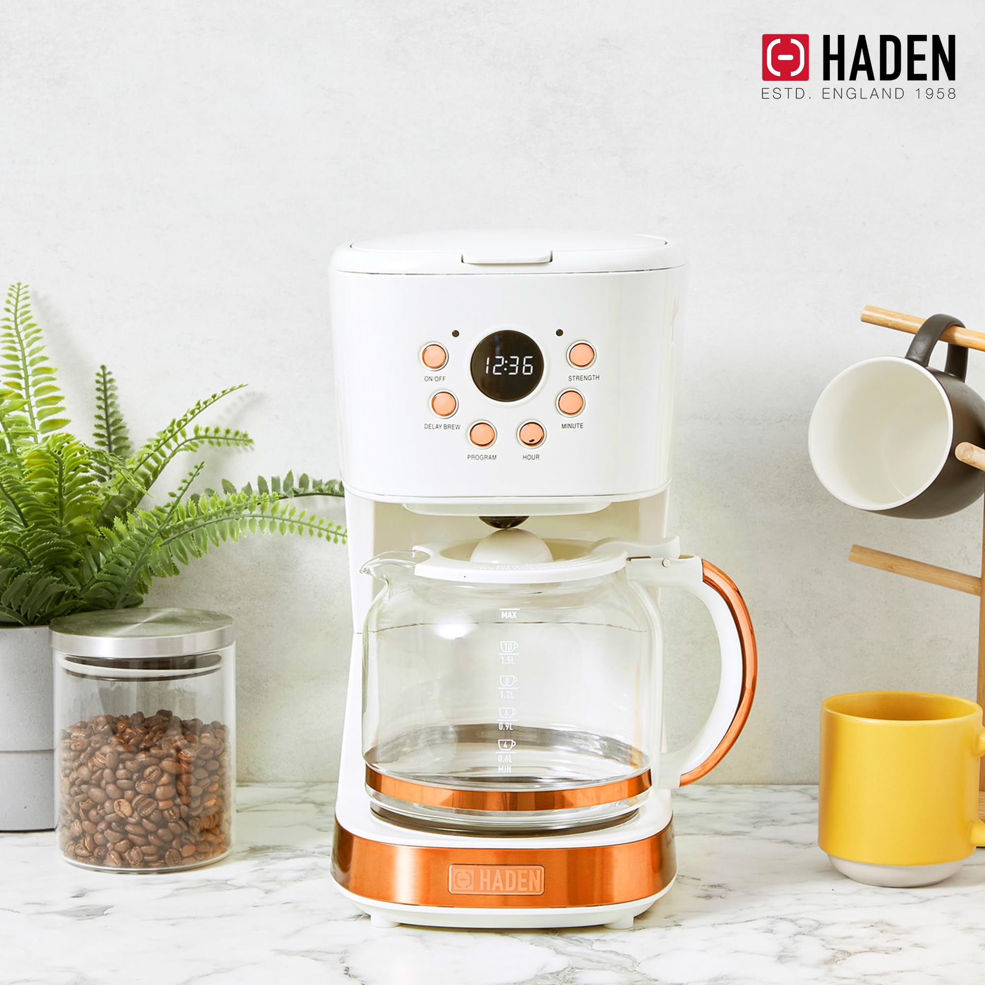 HADEN 12 Cup Drip Coffee Maker with 1.7L Stainless Steel Electric Kettle Set - Ivory & Copper Heritage Style for Home, Office & Kitchen Use