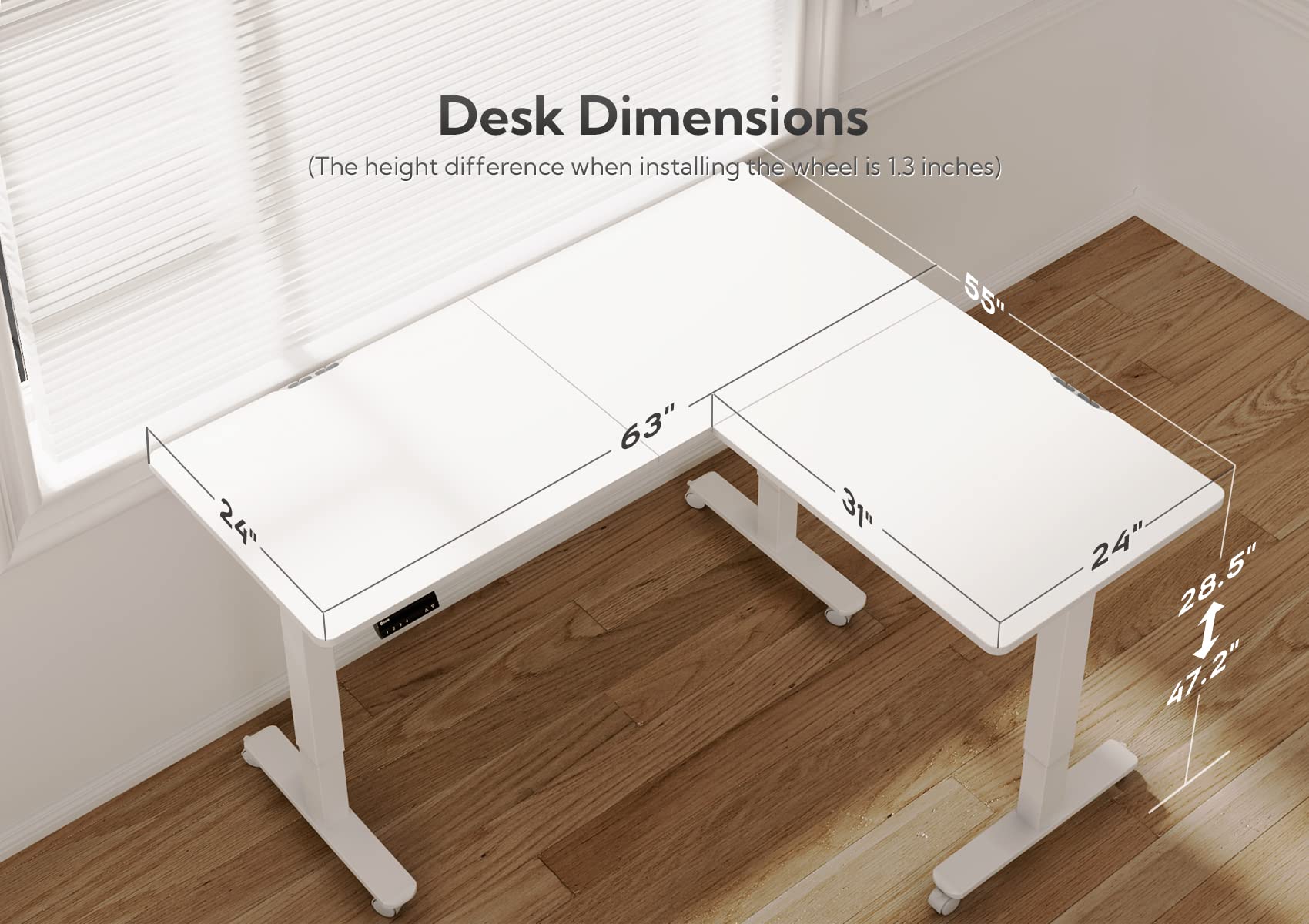 Ergonomic Triple Motor L-Shaped Standing Desk - 63 x 55 Inch Adjustable Height Corner Desk with Splice Board (White Frame/White Top) - Perfect for Home Office, Gaming Setup & Workspace Productivity
