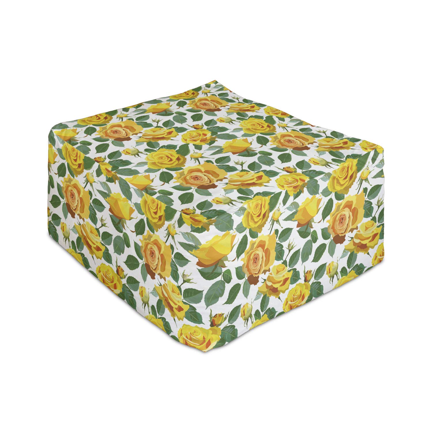 Ambesonne Blossom Rectangle Pouf Ottoman - Rose Bouquet & Spring Buds Floral Design Foot Stool with Removable Cover, 25 Inch - Yellow Green Dark Peach for Living Room, Office & Under Desk Use