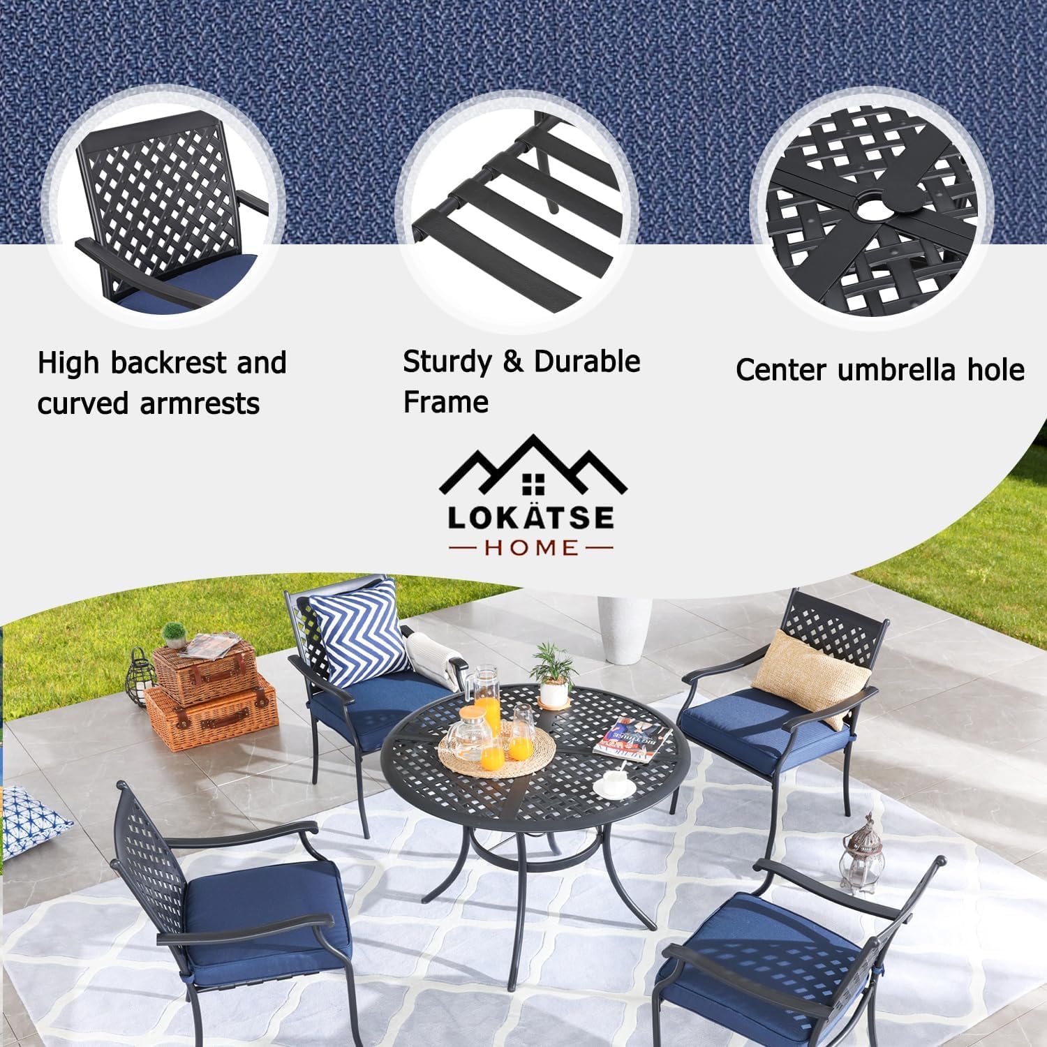 LOKATSE HOME 5-Piece Outdoor Dining Set - Metal Patio Furniture with Round Table & 4 Chairs, Umbrella Hole - Weather-Resistant Blue Deck Furniture for Backyard, Garden, Poolside & Outdoor Entertaining