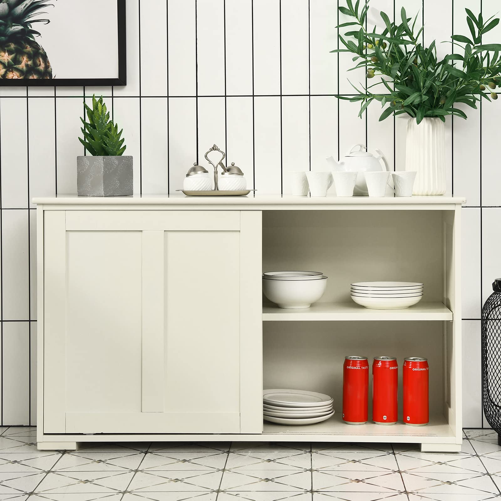 GLACER Buffet Cabinet with Adjustable Shelves & 2 Sliding Doors - Stackable Kitchen Storage Cabinet, Coffee Bar Console, Sideboard for Dining Room, Living Room, Entryway & Hallway - Perfect for Home Organization & Entertaining (White)