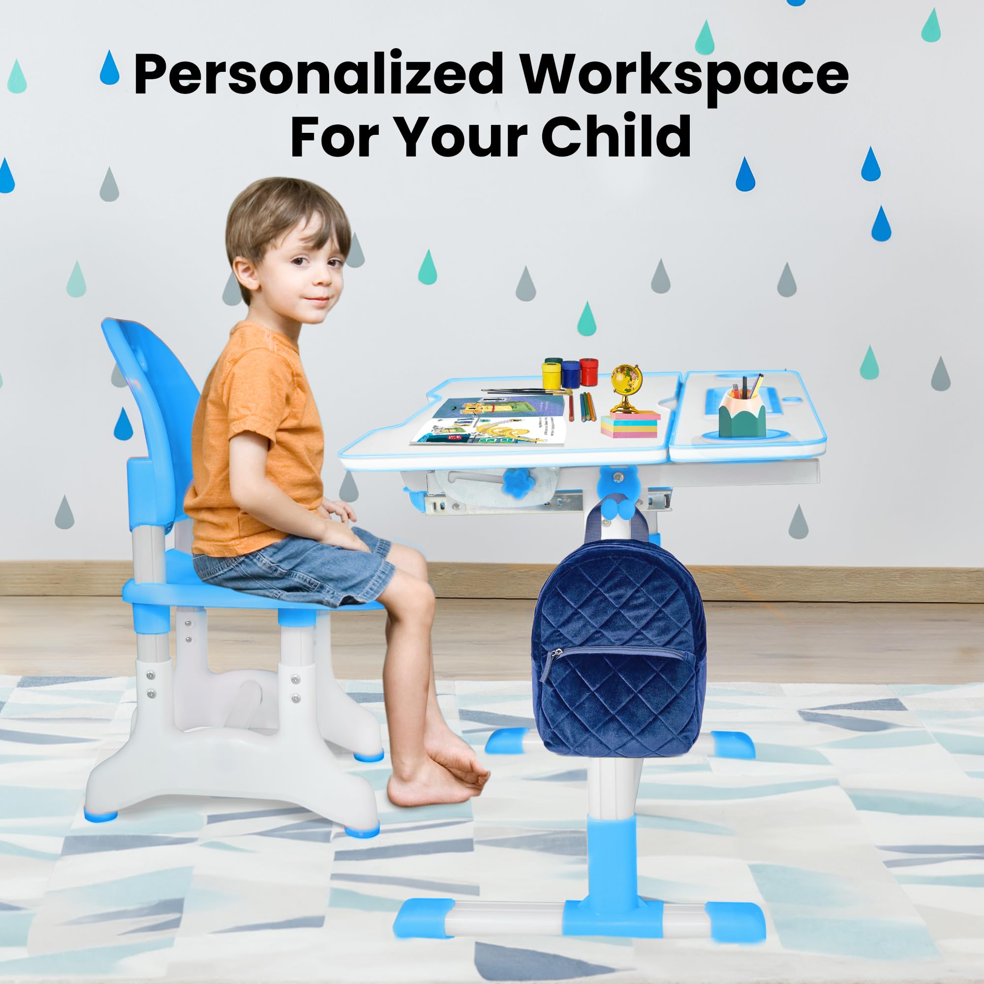 Gorilla Gadgets Adjustable Kids Table and Chair Set - Height Adjustable Children's Study Desk with Night Light for Bedroom, Playroom & Homeschooling (DSK-Kids-BLU) - Perfect for Learning, Drawing & Playtime Activities