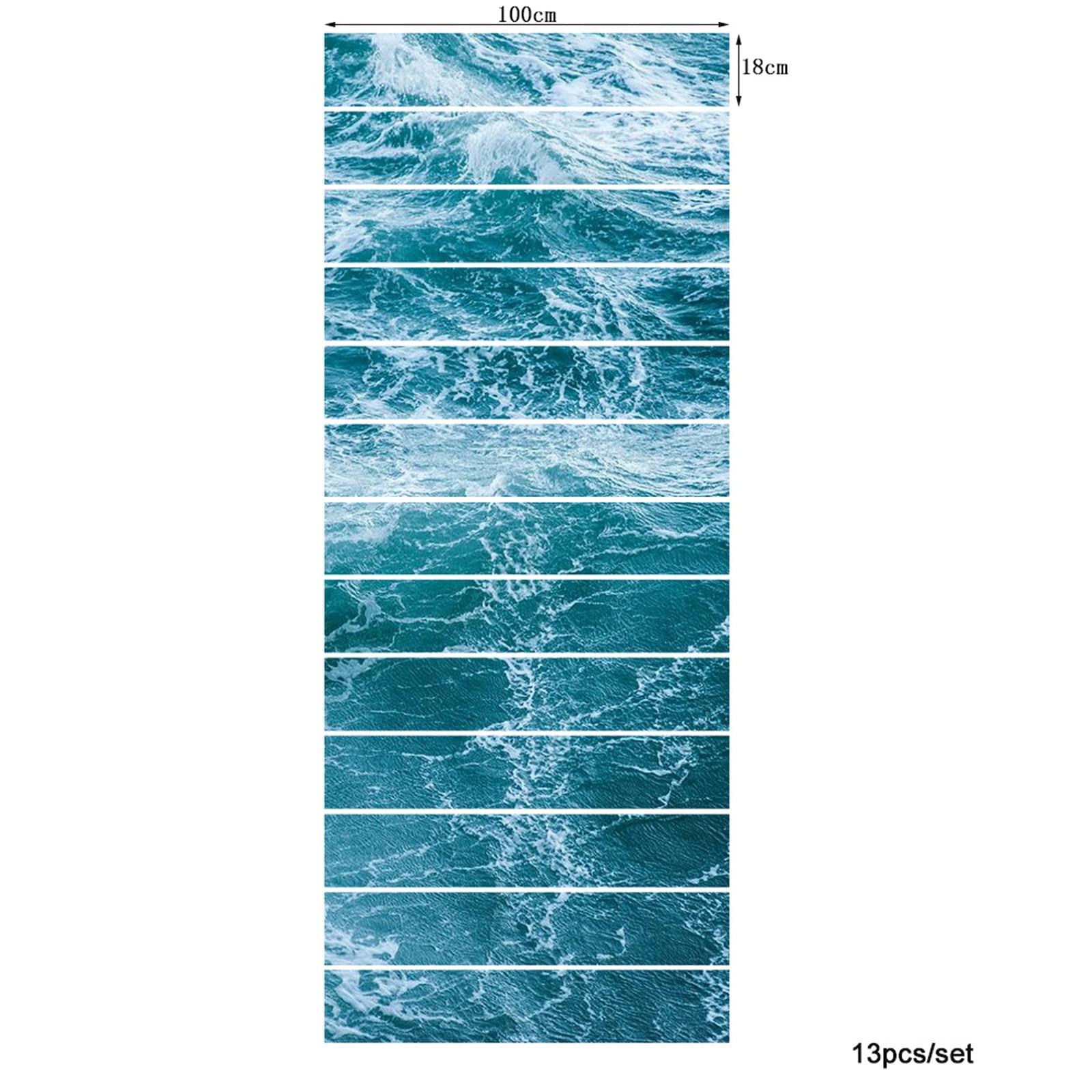 3D Self-Adhesive Removable Ocean Wave Stair Decals - Water Texture Abstract Art Vinyl Stickers for Stairs, Kitchen Tiles & Walls (13-Piece Set) - Perfect for Home Decor, DIY Projects & Coastal Theme Interior Design