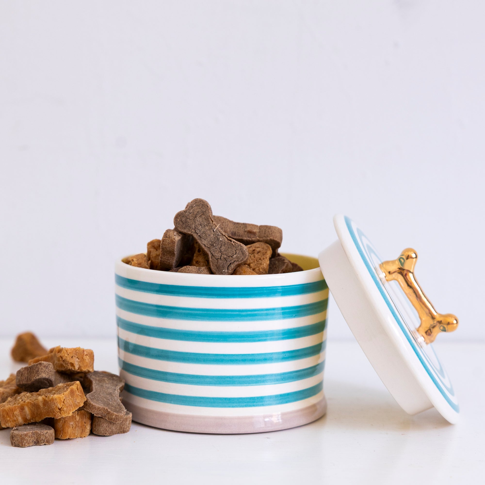 Jill Rosenwald X Polkadog Ceramic Dog Bone Treat Jar - Marine Blue Pet Food Storage Container for Treats & Kibble - Perfect for Kitchen Countertop or Pet Feeding Station Organization