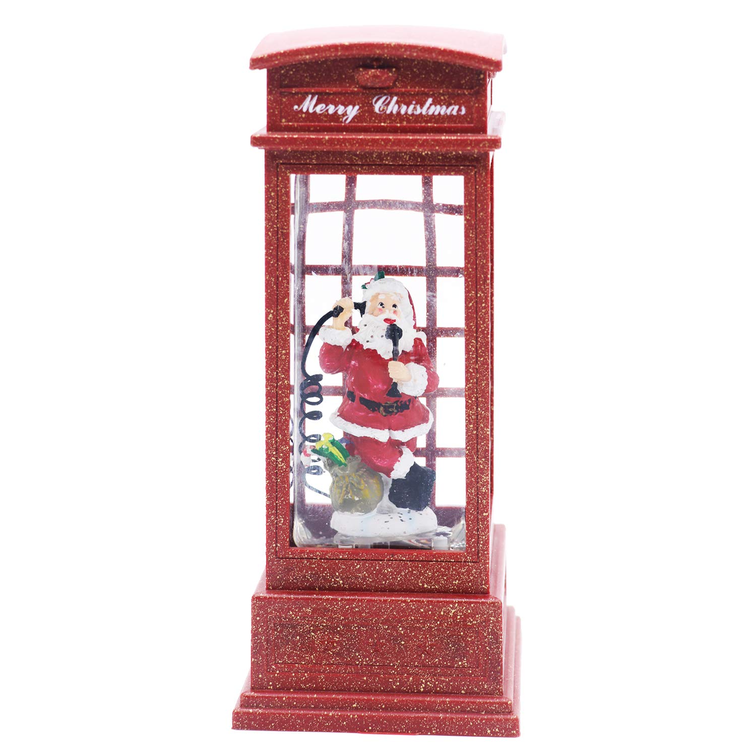 Wondise Battery Operated Snow Globe with Timer - Rotating Telephone Booth Christmas Decoration with Swirling Glitter & Water (Santa Claus) - Perfect for Holiday Home Decor, Gift Giving & Christmas Tree Ornaments