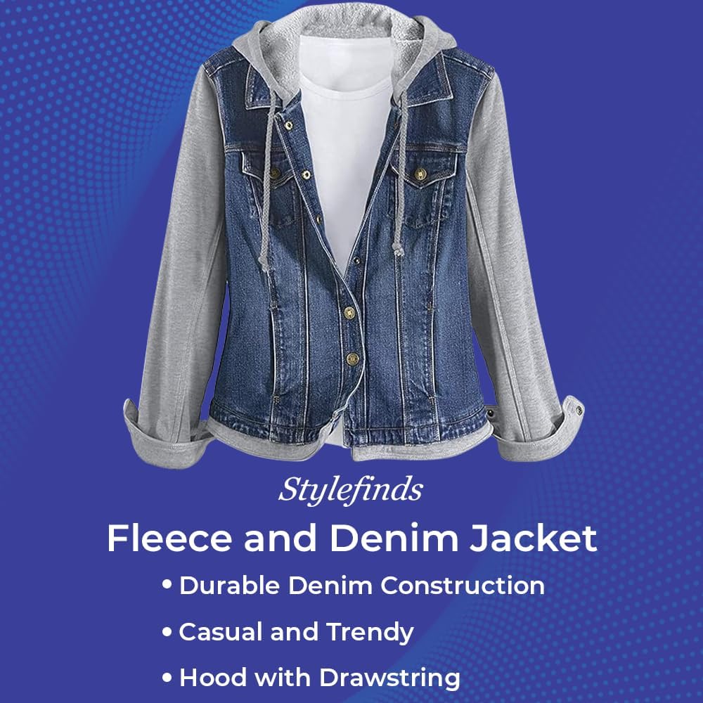 SAGEFINDS Women's Fleece and Denim Jacket - Long Sleeve Hooded Coat with Adjustable Drawstring | Casual Outerwear for Fall, Winter & Outdoor Activities