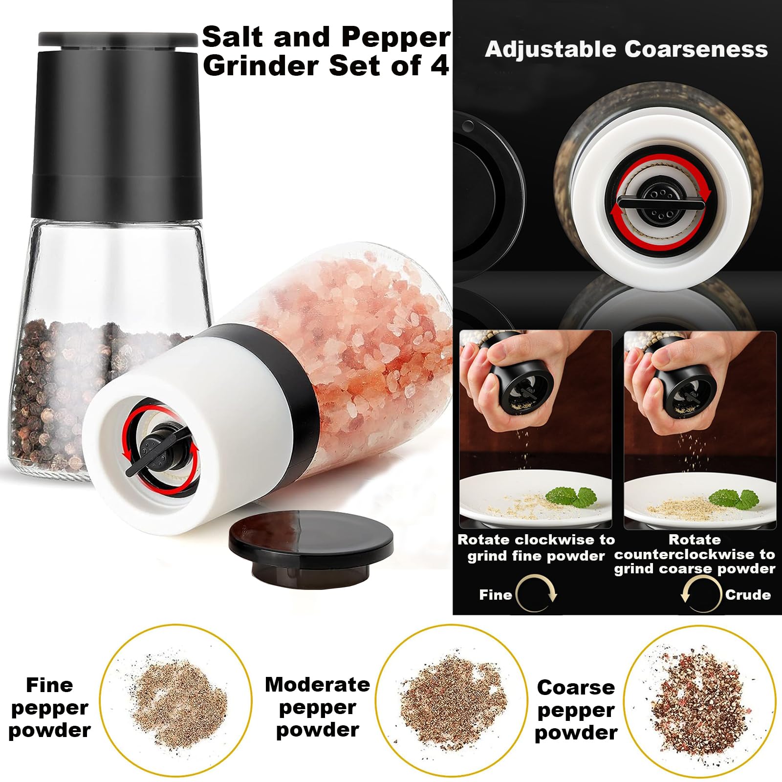 Premium Salt and Pepper Grinder Set of 4 - Refillable Adjustable Ceramic Mill with Glass Body - Perfect for Kitchen, Dining Table & Gourmet Cooking