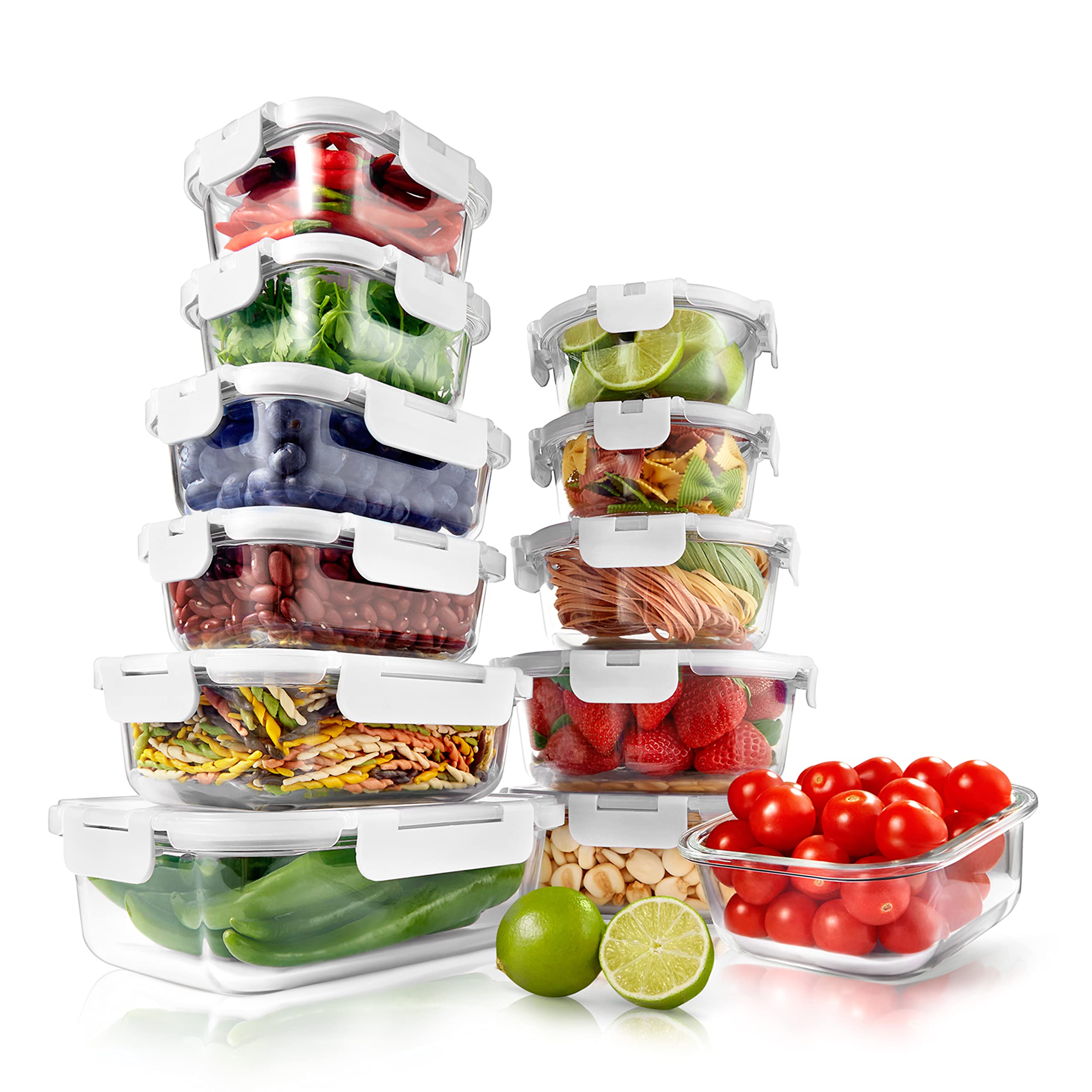 NutriChef 12-Piece Glass Food Storage Containers Set with Airtight Lids - Stackable Meal Prep Containers for Leftovers, Snacks, Fruits & Vegetables - Microwave, Freezer & Dishwasher Safe - Perfect for Meal Prepping, Office Lunches & Pantry Organization (White)