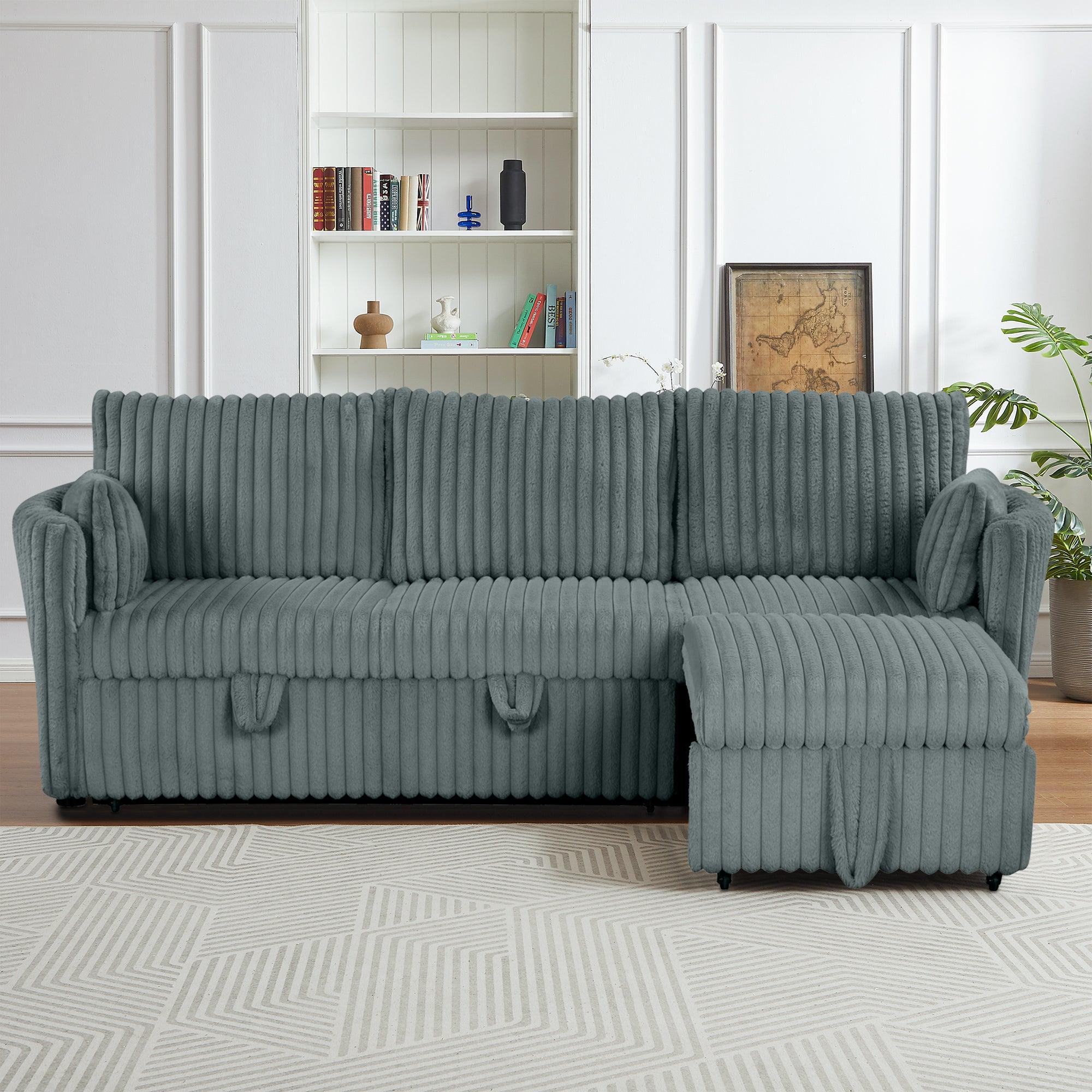 Dark Gray Faux Fur Oversized Convertible Sleeper Sectional Sofa with USB Charging Ports - 3-in-1 Couch, Daybed & Pull-Out Chair with 2 Pillows - Modern Living Room Furniture for Small Spaces, Apartments & Home Theater Lounging
