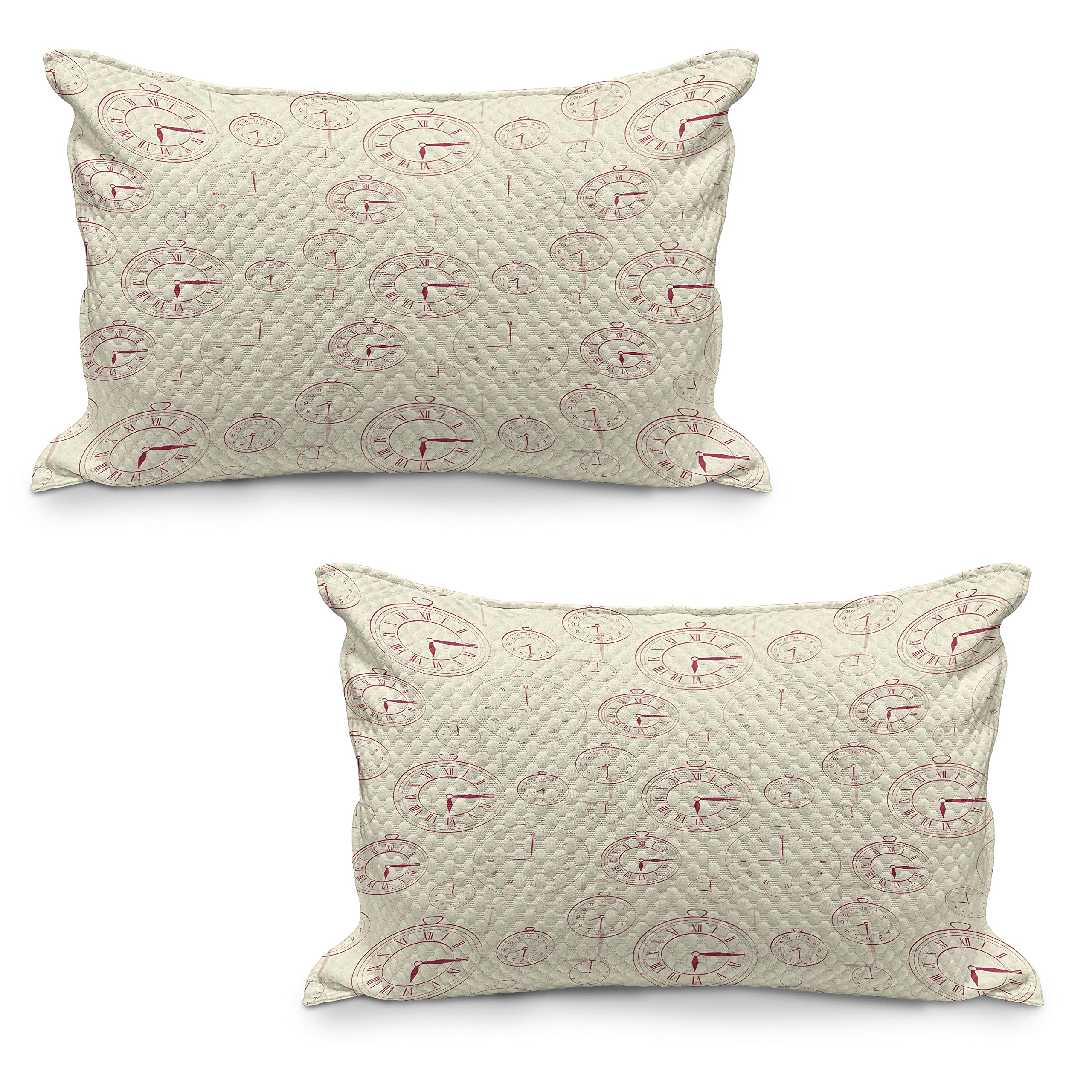 Ambesonne Vintage Watches Roman Numeral Quilted Pillow Cover Set of 2 - King Size 36x20 Inches - Antique Clock Design in Pale Yellow & Magenta - Perfect for Bedroom Decor, Living Room Accent & Gift Idea