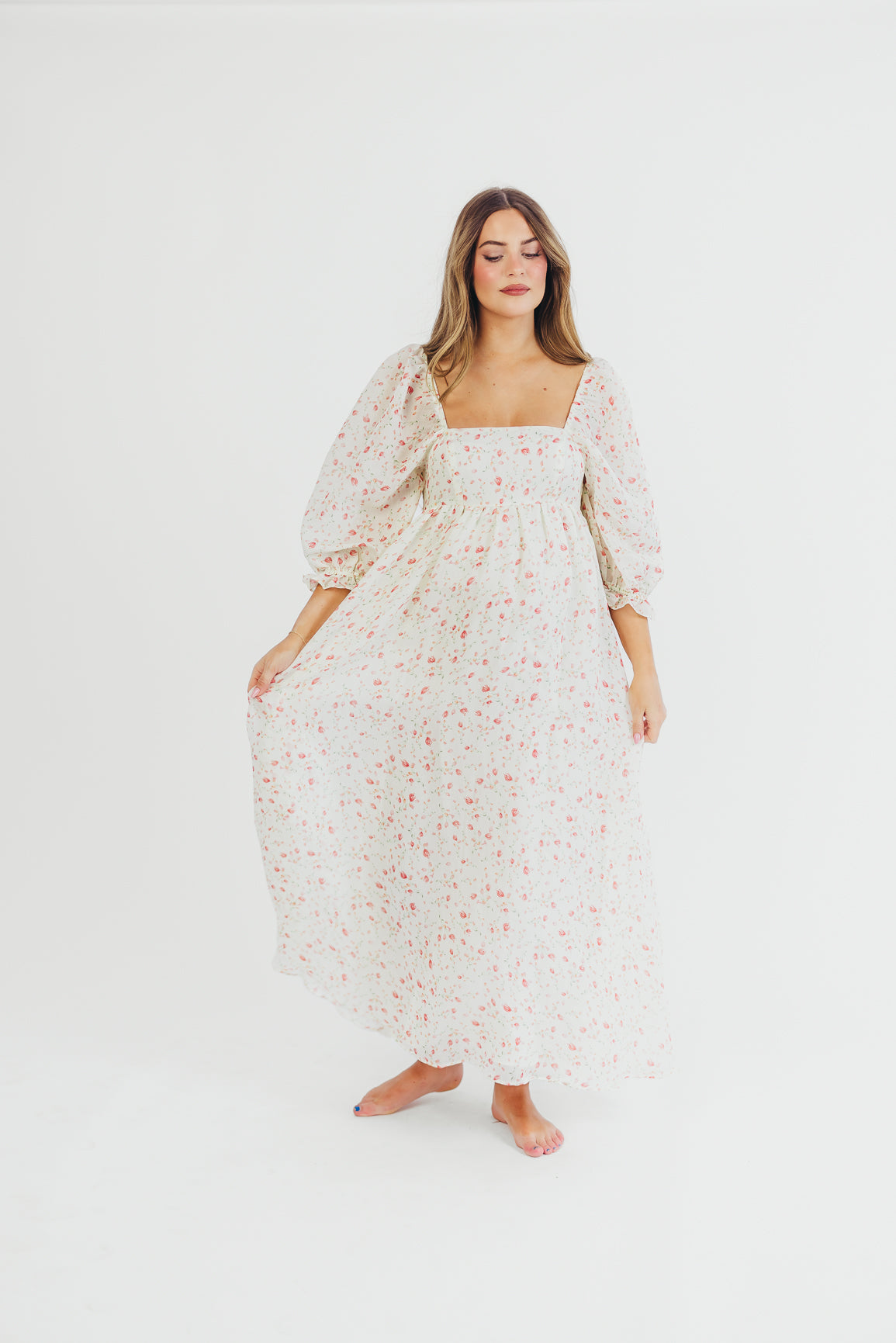 Elegant Ivory Floral Smocked Maxi Dress for Women - Bump Friendly Maternity & Inclusive Sizing (S-2XL) - Perfect for Summer Weddings, Beach Vacations & Special Occasions