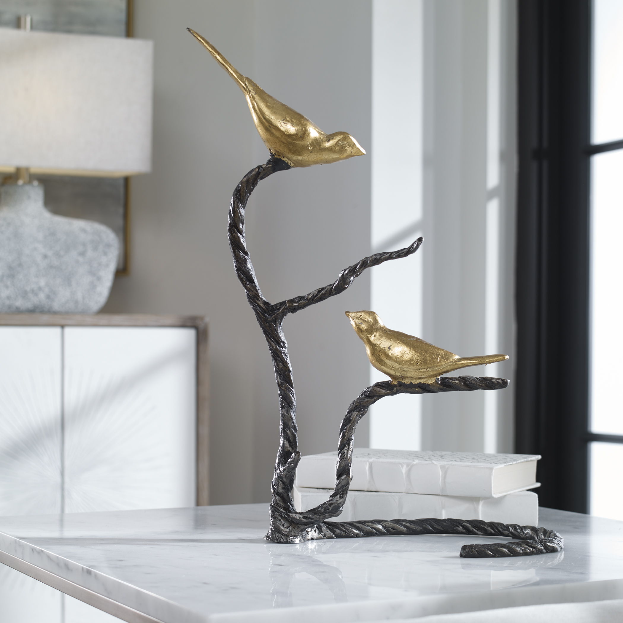 Black & Gold Birds On A Limb Sculpture - Elegant Home Decor for Living Room, Office & Garden