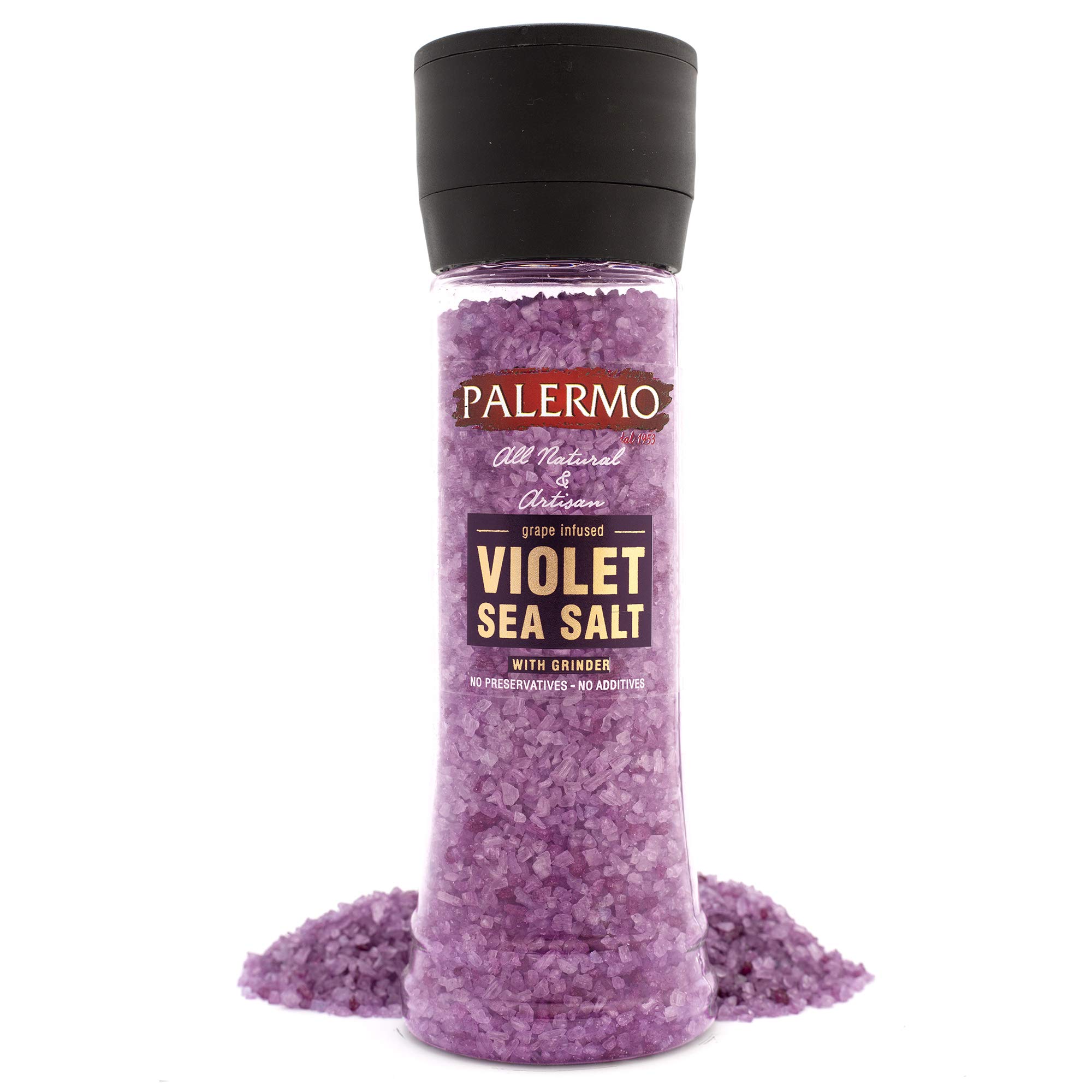 Papa Palermo Natural Grape Infused Violet Sea Salt with Grinder - Kosher Certified, No Additives, 11.3oz - Perfect for Gourmet Cooking, Salad Seasoning & Gift Giving
