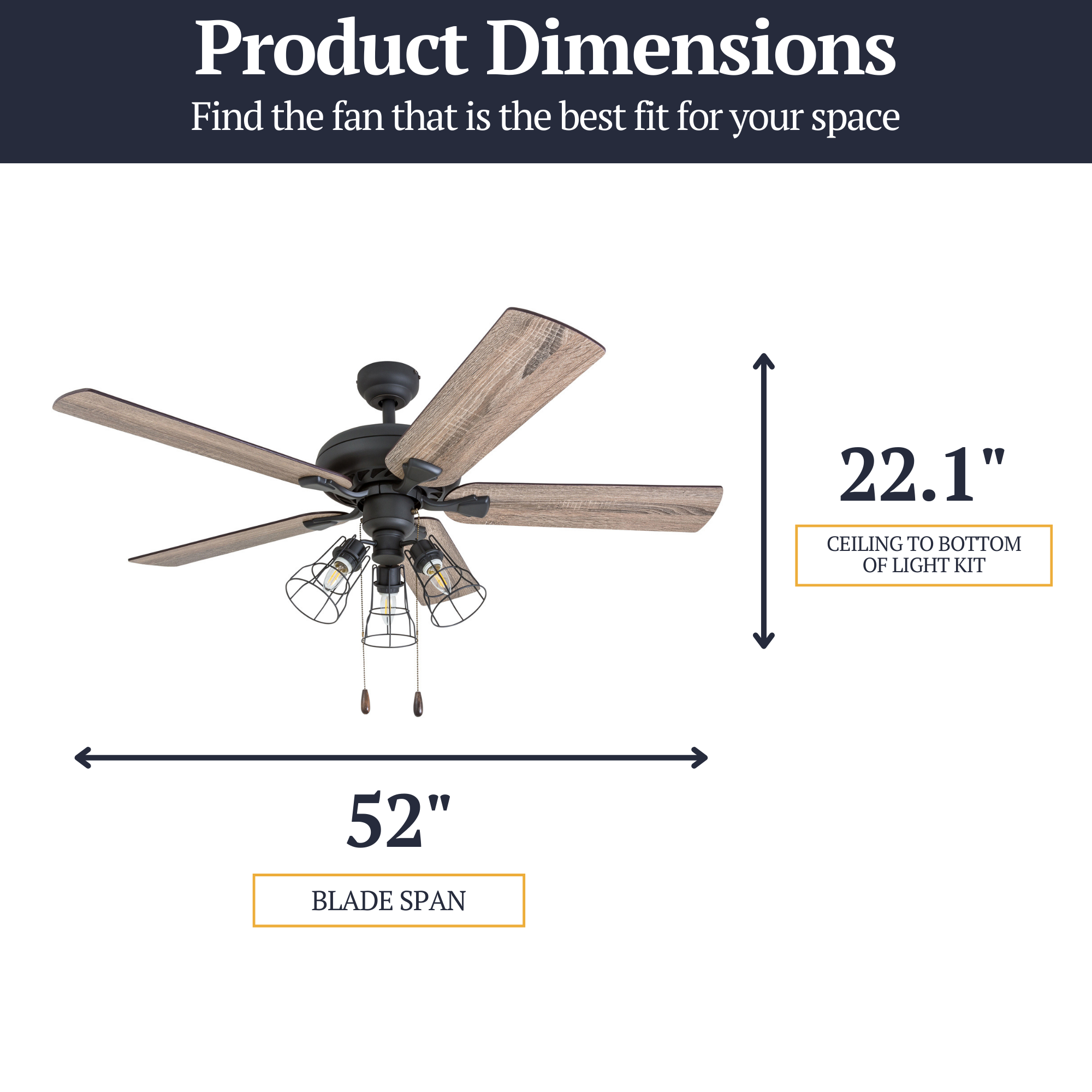 52 Inch Lincoln Woods Bronze Ceiling Fan with Pull Chain - Modern Indoor Ceiling Fan for Living Room, Bedroom, and Office - Energy Efficient & Quiet Operation