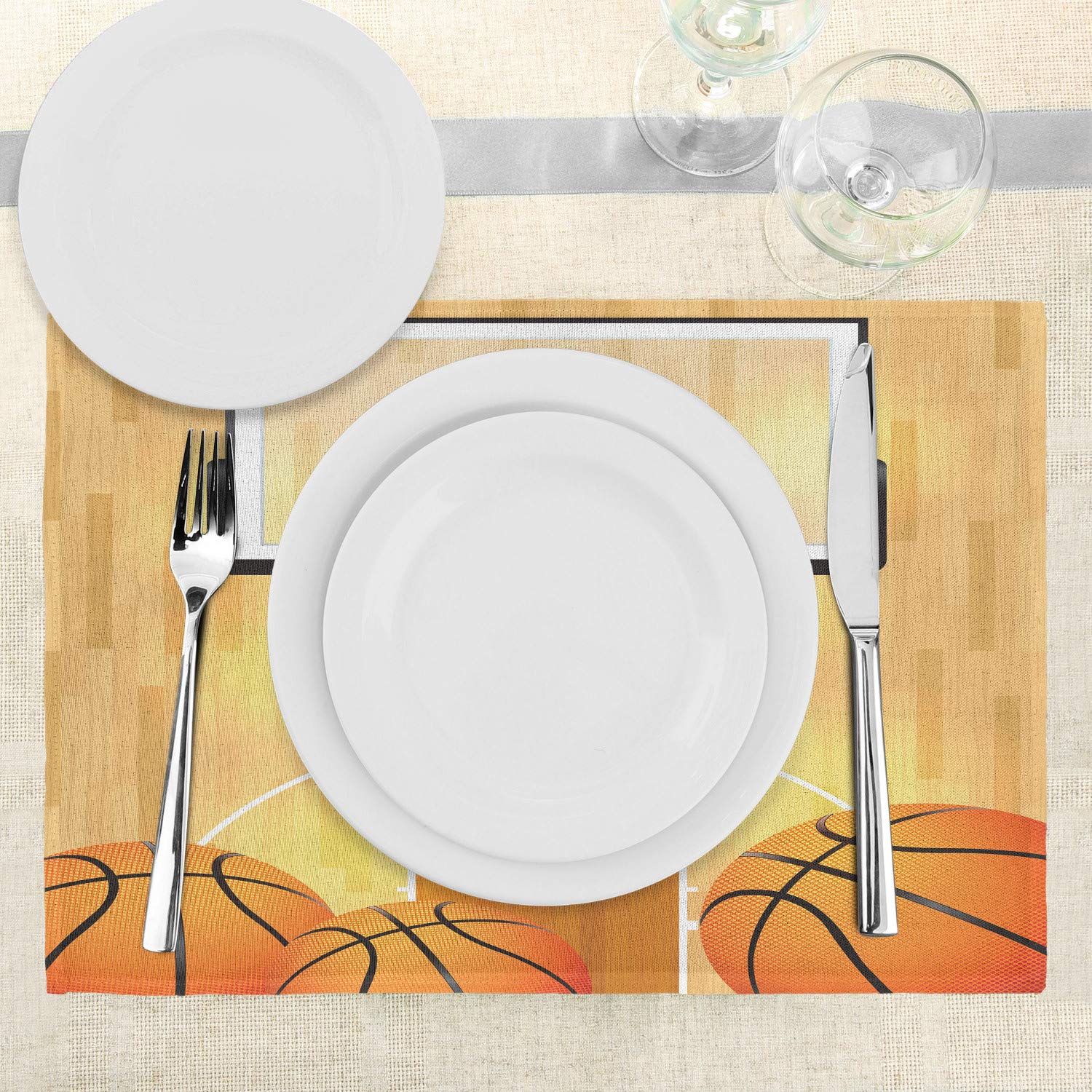 Lunarable Sports Place Mats Set of 4 - Vivid Basketball Court Design with Balls and Hoop, Washable Fabric Table Mats for Dining Room & Kitchen Decor in Orange, Black, White - Perfect for Game Day Parties, Sports Themed Events, and Basketball Fans Home Decor