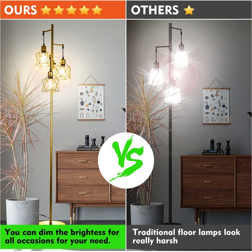 Modern Gold Floor Lamp - 3-Light Farmhouse Style Dimmable Standing Lamp for Living Room, Bedroom & Office | Adjustable Brightness Night Light | Elegant Home Decor Lighting Solution