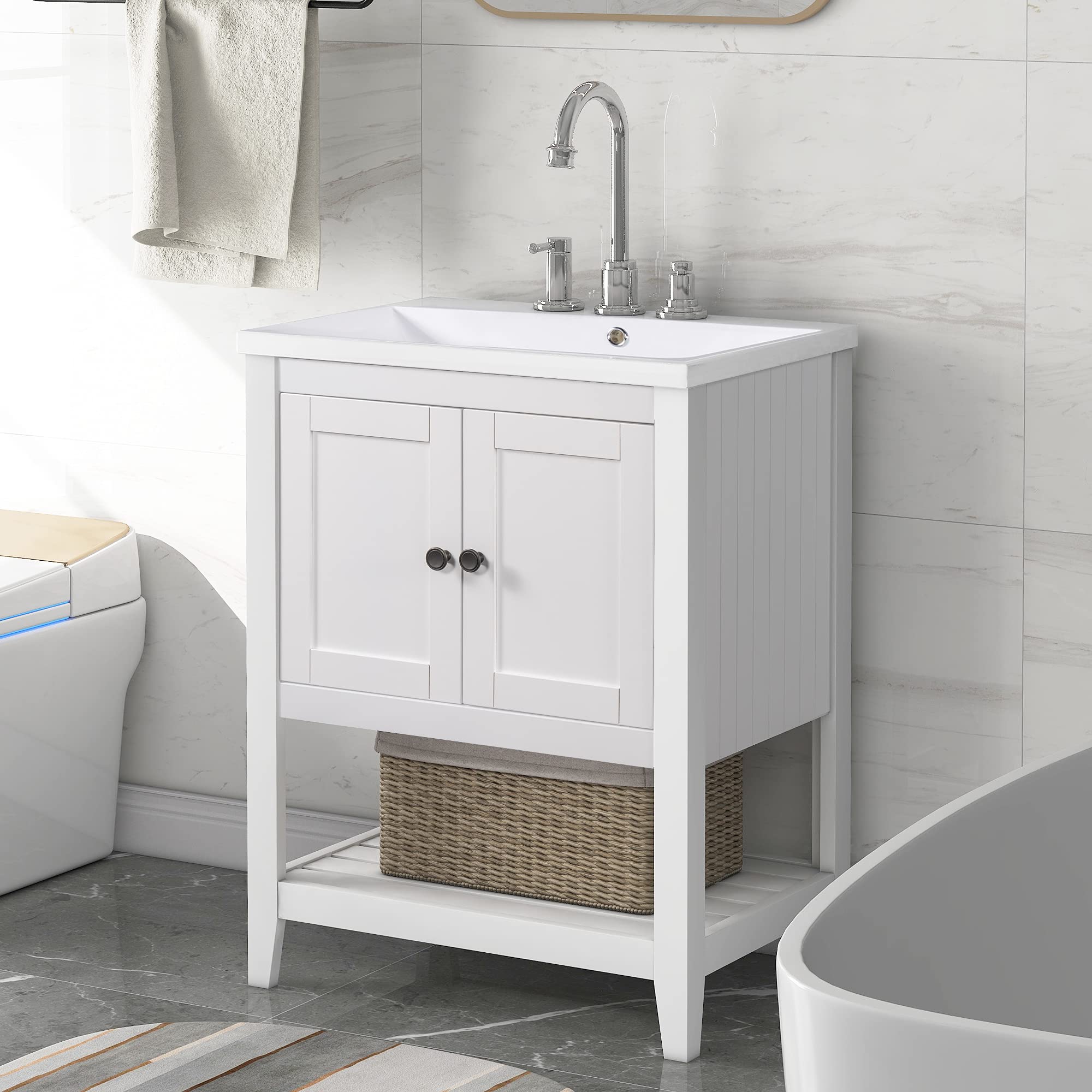 24 Inch White Modern Freestanding Bathroom Vanity with Undermount Ceramic Sink - Two Door Storage Cabinet with Open Shelf for Small Bathrooms | Space-Saving Bathroom Furniture for Apartments & Powder Rooms