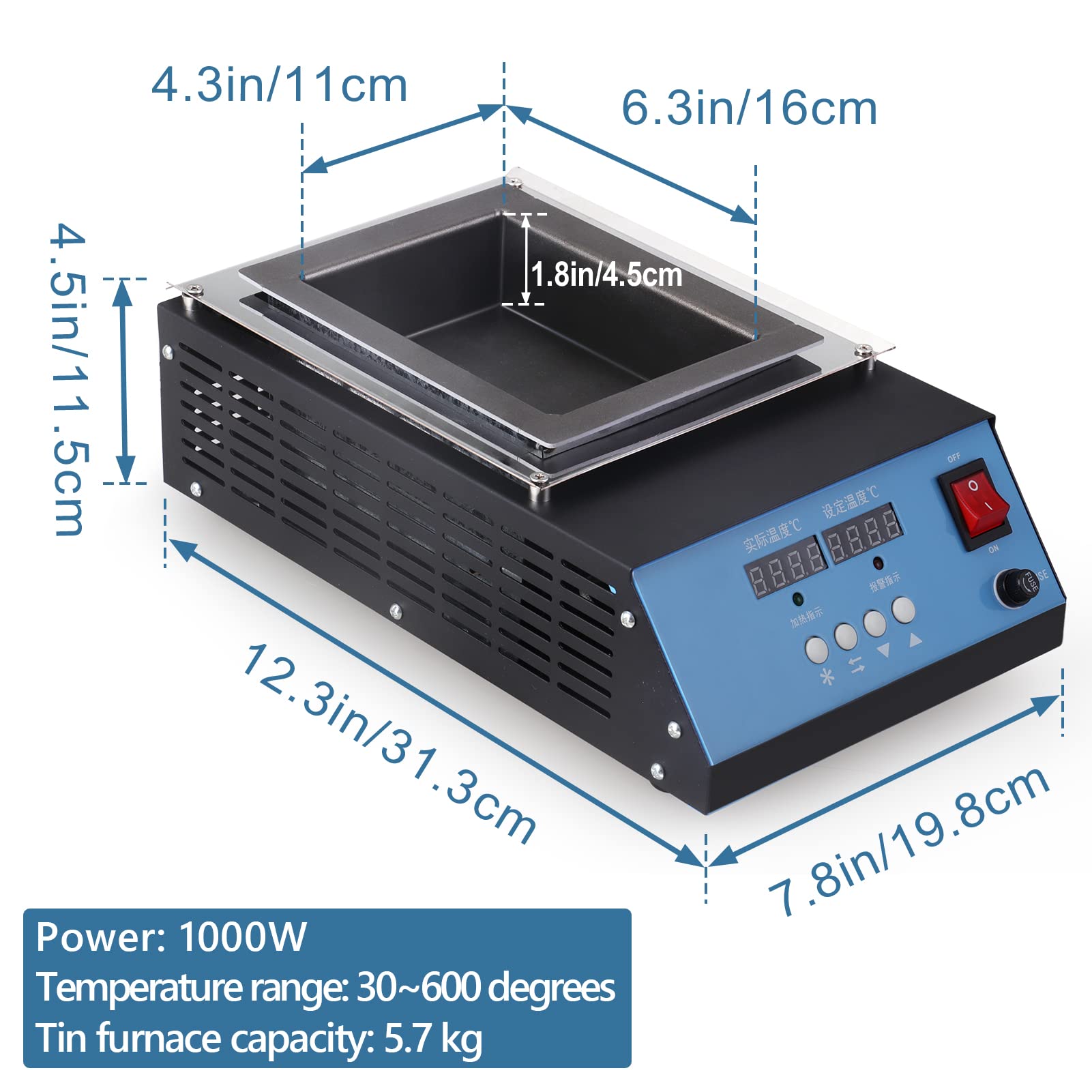 Lead-Free Titanium Solder Pot with Double Digital Display - 5.7kg Capacity, 1000W, 30~600°C for Welding and Soldering - Perfect for Electronics Repair, Jewelry Making, and DIY Projects