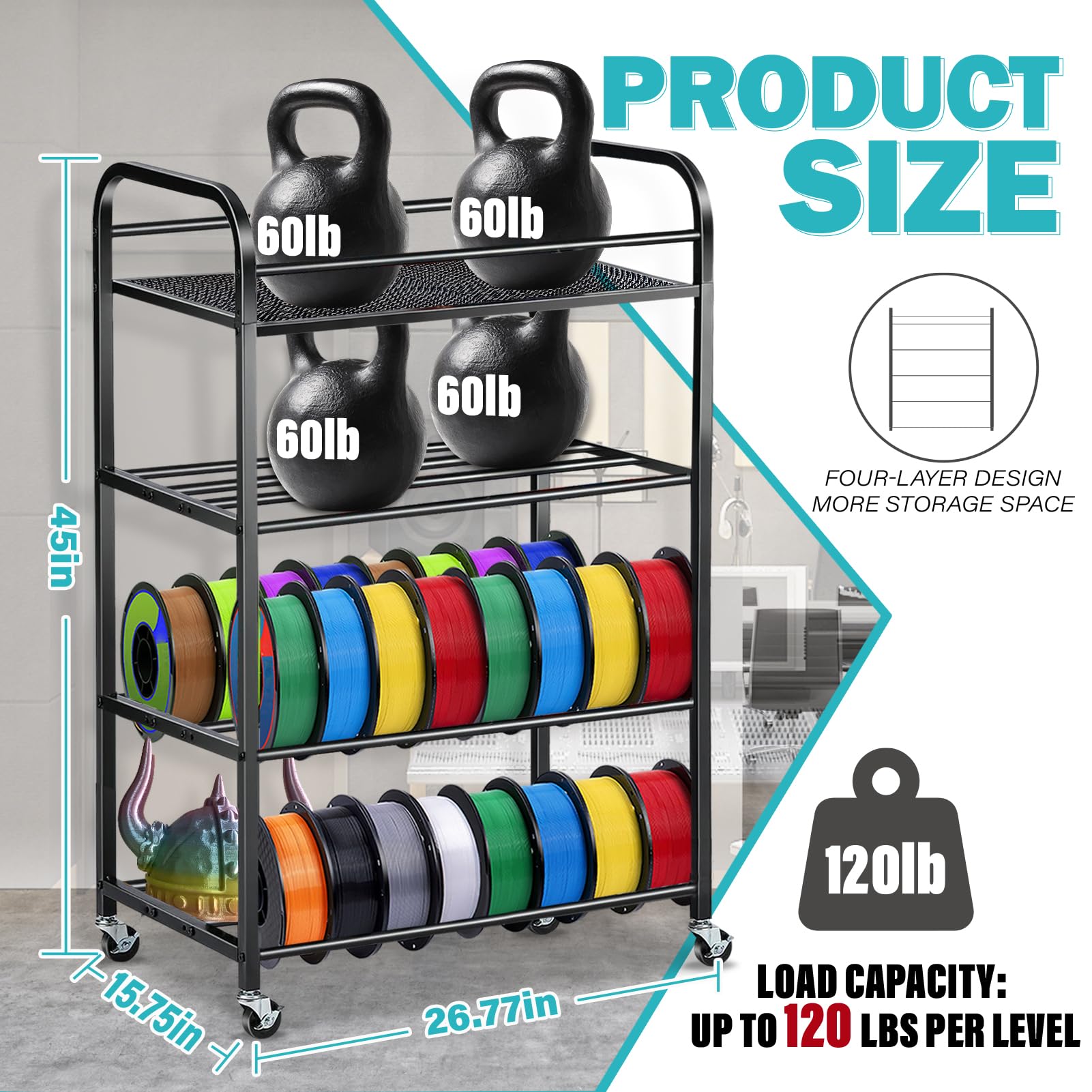 4-Layer Heavy-Duty Metal Filament Rack for 3D Printers - Adjustable Large Capacity Spool Holder with Rolling Wheels | Perfect for PLA, TPU Filament Storage in Home Studios & Maker Spaces