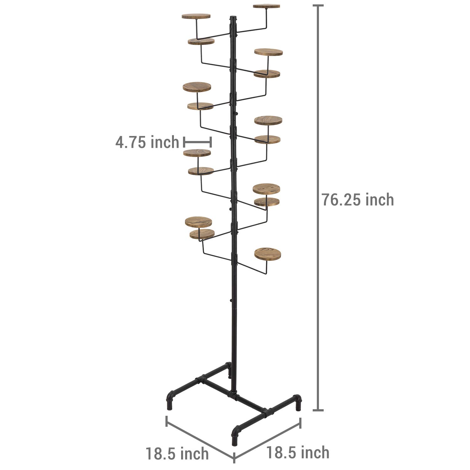 MyGift 16-Hook Industrial Black Metal Pipe Hat Display Rack - Freestanding Customizable Retail Hats & Wigs Stand with Rustic Wood Holders - Perfect for Boutiques, Clothing Stores & Home Decor